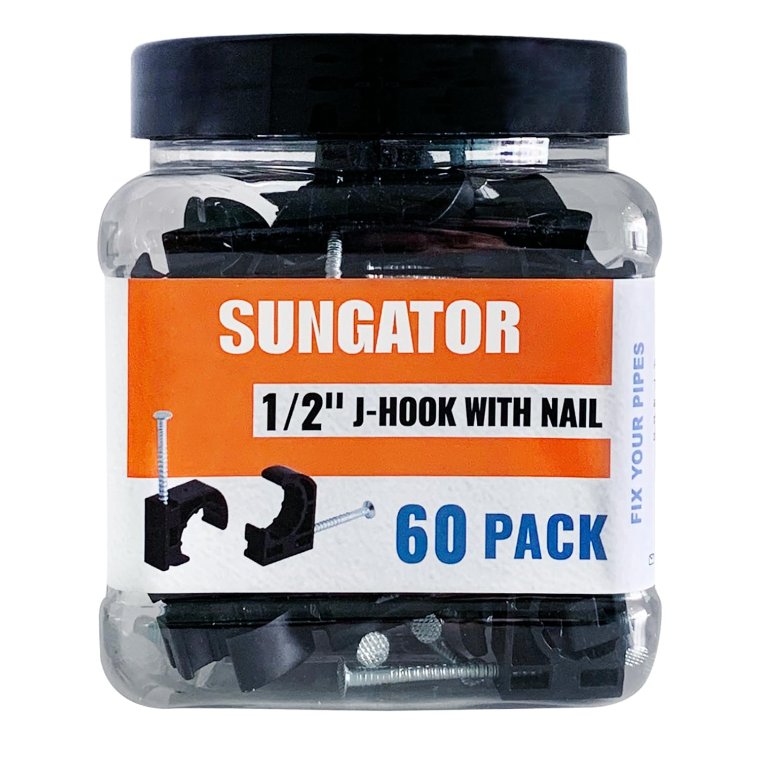 (60 Pack) SUNGATOR 1/2 Inch Pex J-Hook with Nails, Black Half Clamps, 1/2" J Clamps for Pex Pipe Support, 1/2" J-Hook Pipe Hanger Suitable for Wall Mount Pipe Tubing Fixture
