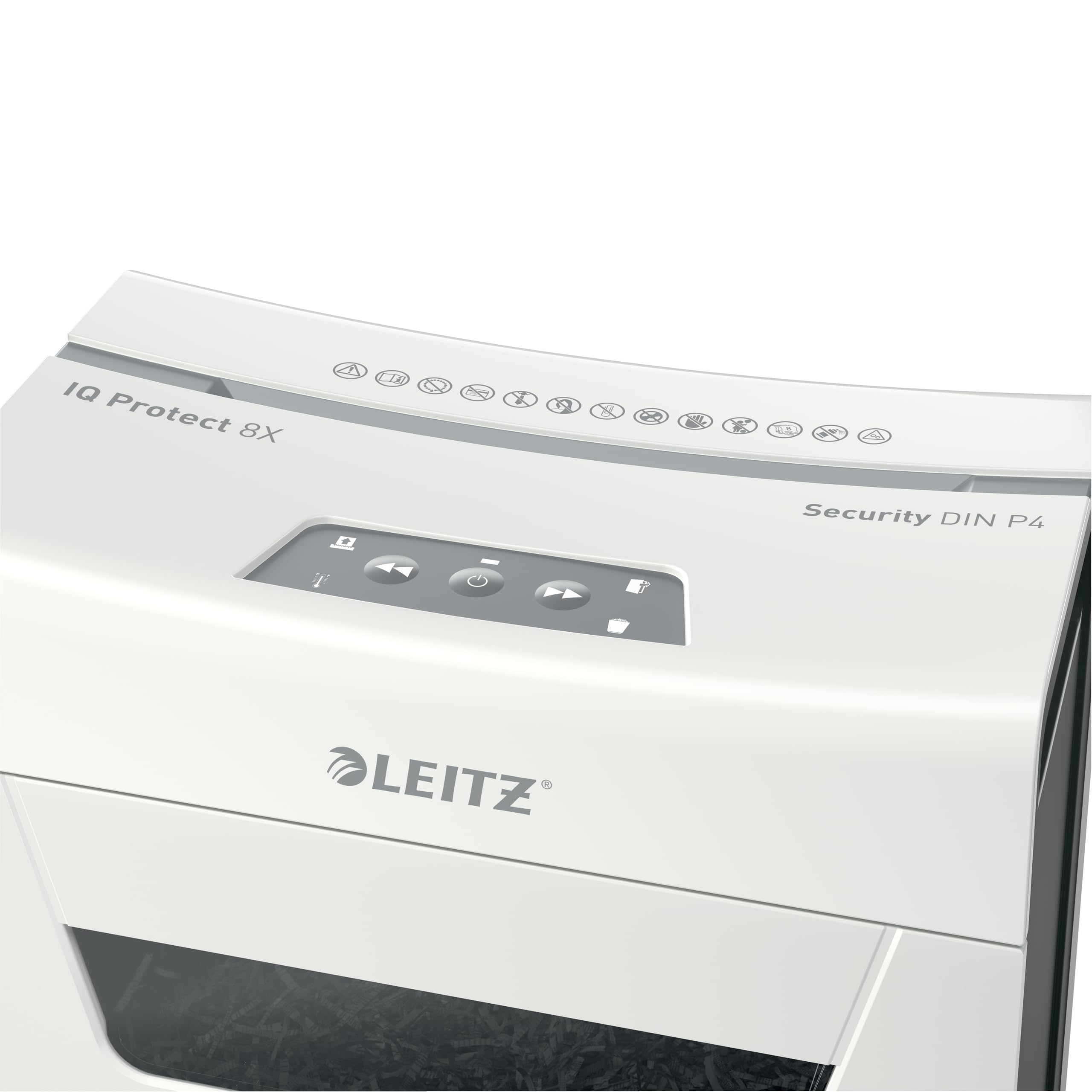 Leitz IQ 8X Premium P4, Niszczarka Do Papieru z Koszem 14 L, Tnie na Konfetti, Niszczy Jednorazowo 9-8 Arkuszy (70-80 g/m²), Cicha i Kompaktowa, Seria Protect, Biała, 80910000