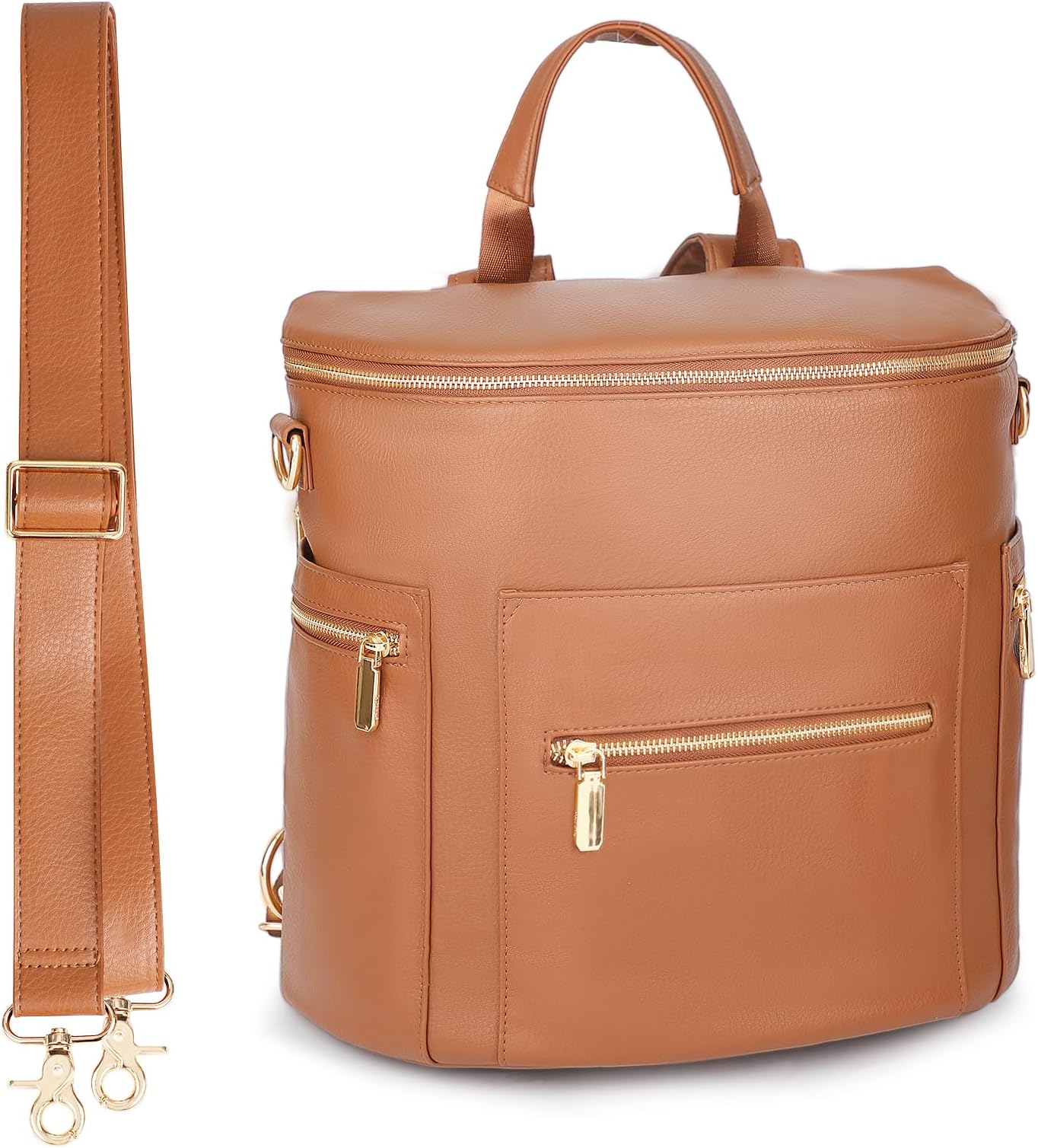 Diaper Bag Backpack Baby Diaper Bag, Large Leather Diaper Backpack with 16 Pockets Travel Diaper Bag with Diaper Changing Pad, Stroller Straps & 2 Insulated Pockets (Regular, Cognac)