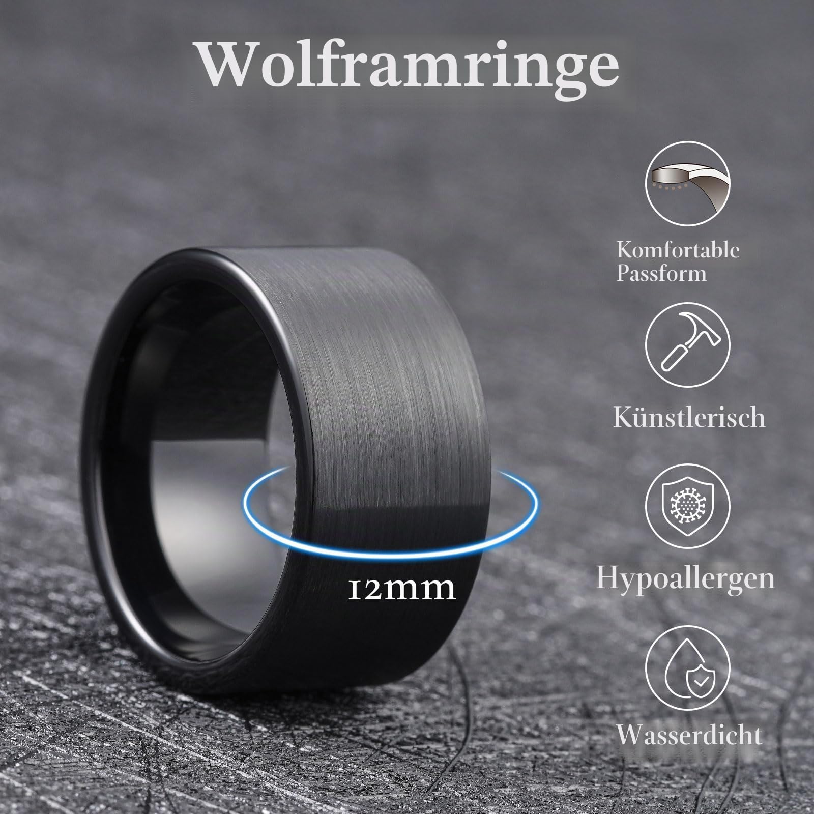 King Will Schwarzer Silber Wolfram Ehering für Herren – 6mm 8mm 12mm Gebürsteter Ring mit Flachkante, Komfort-Passform, Langlebiges Herren Schmuck Geschenk