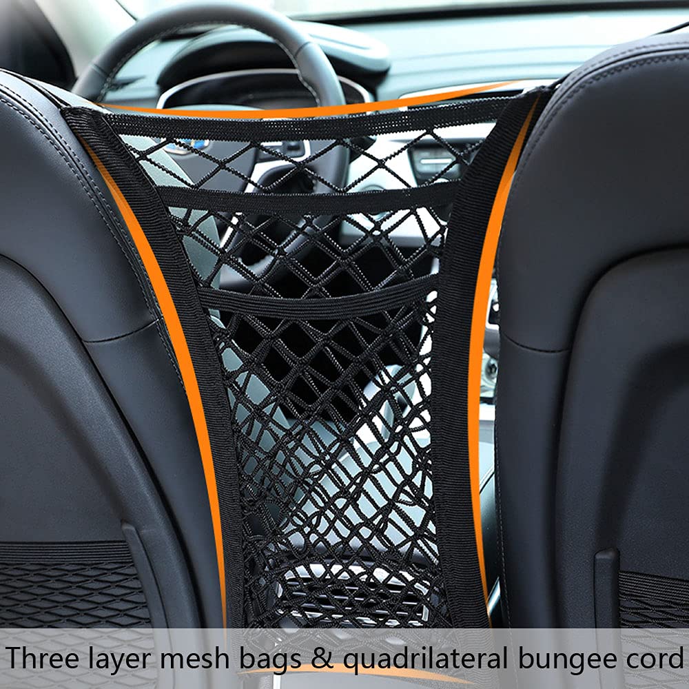 ORiTi 3-Layer Universal Car Seat Storage Stretchable Mesh Organizer, Mesh Cargo Net Hook Pouch Holder for Purse Bag Phone Pets Children Kids Disturb Stopper.