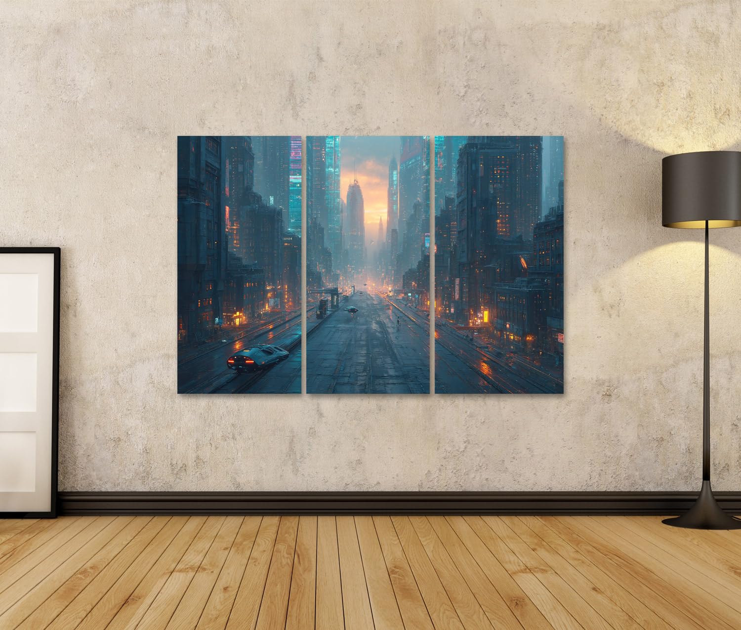 islandburner Quadro su tela Futuristico Cyberpunk Città Murale Soggiorno per gli appassionati di fantascienza - 3 pezzi