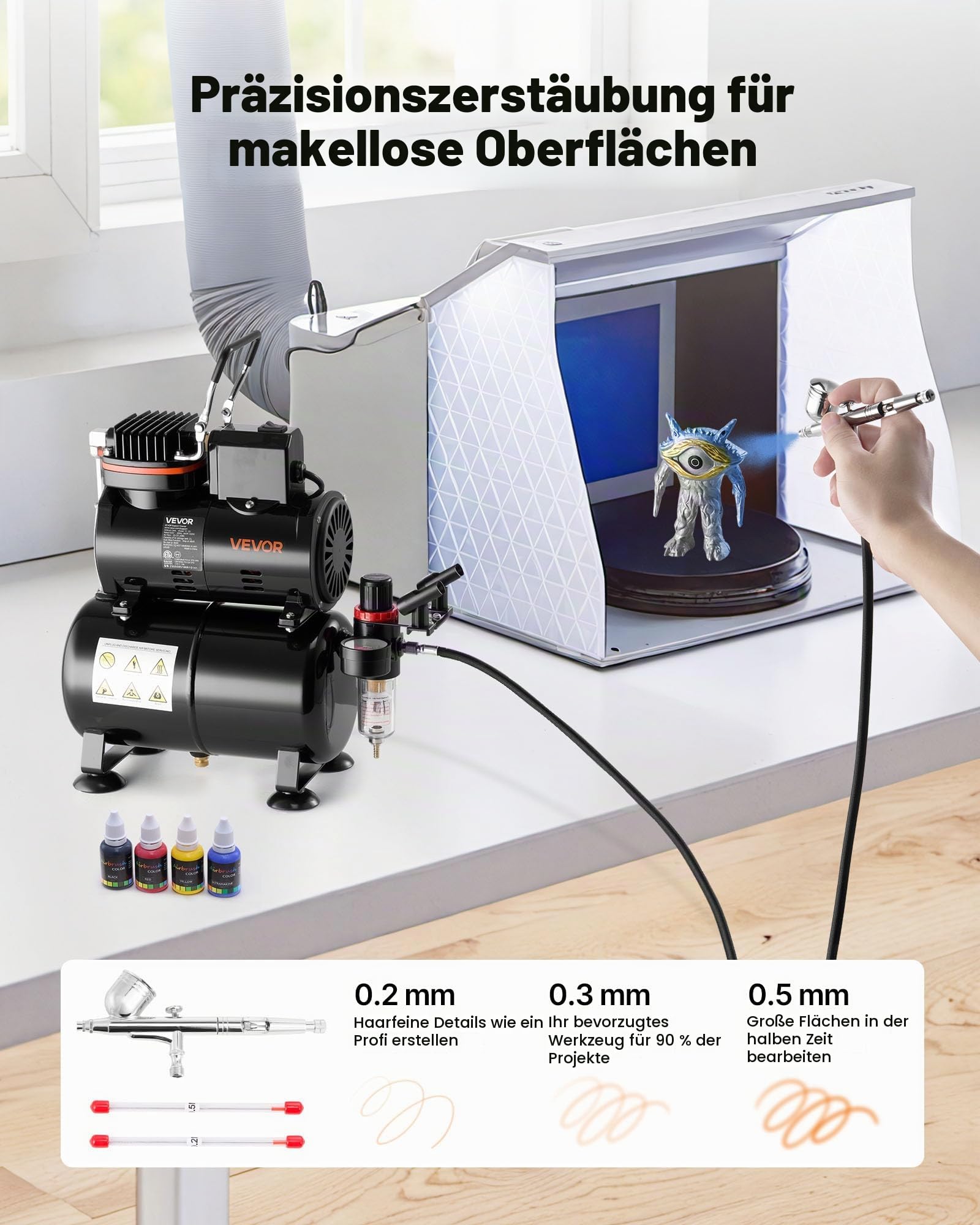 VEVOR Airbrush Set 1/6 PS mit Luftkompressor & Tank, 1 Dual Action Airbrush Pistole mit 3 Düsen (0,2/0,3/0,5 mm) & Schlauch & Acrylfarbe & 1 Ventilator, für Kuchendekoration Modellmalerei Nagelkunst