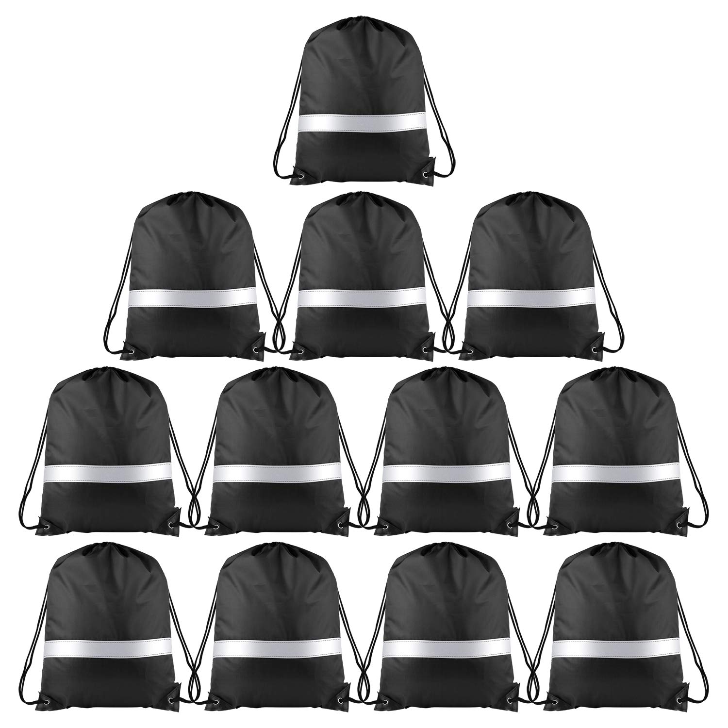 KUUQA 12 Pcs Drawstring Backpack Bag Bulk Reflective Backpack Black String Bags Cinch Sack Backpack for Team Yoga Sport Gym Traveling
