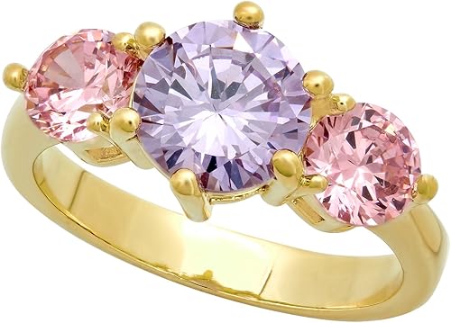 The Bling Factory Gold Plated Three-Stone Round Pink & Light Lavender CZ Ring