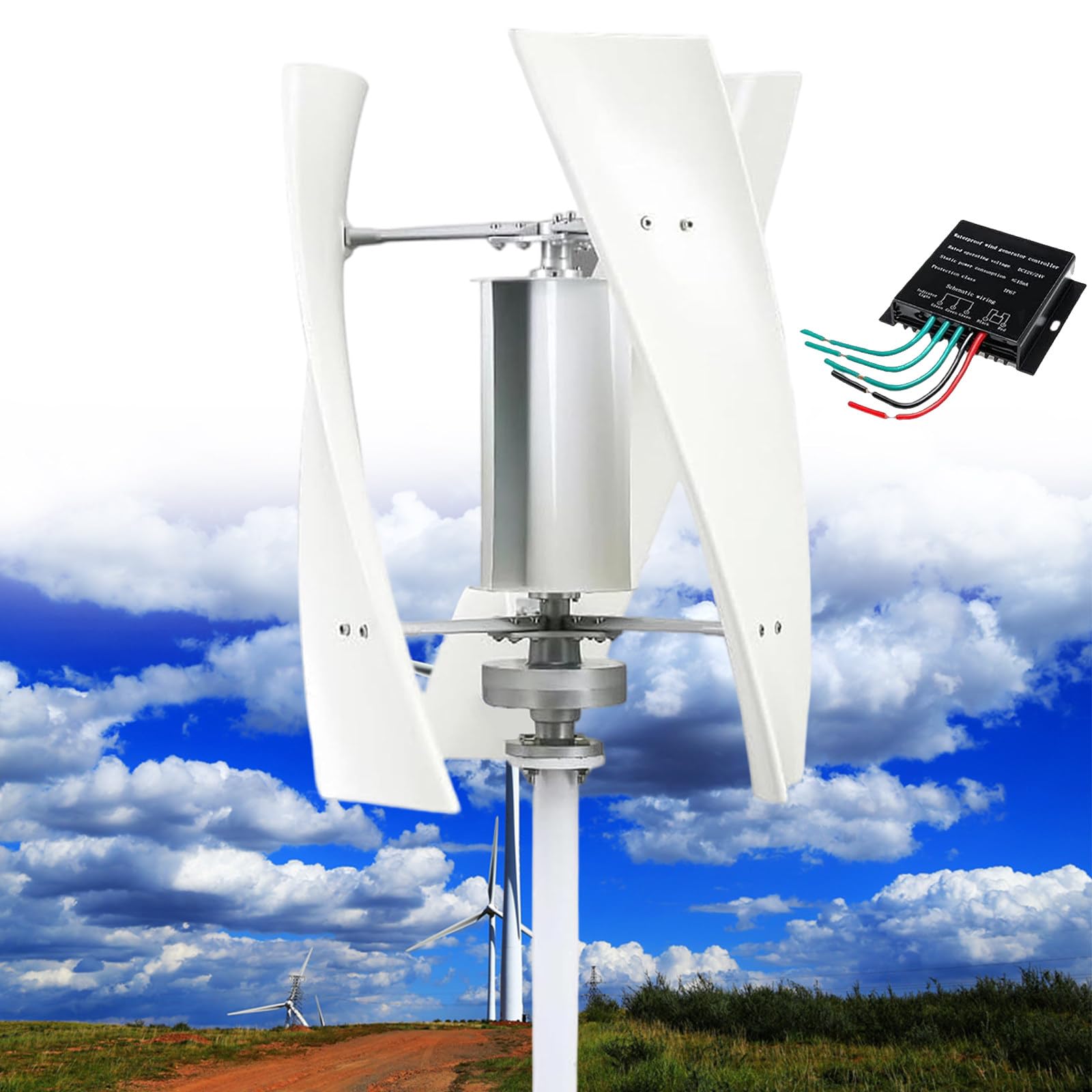 14000W 3 Blades Vertical Household Wind Turbine, 12V/24V/48V/110V/220V Spiral Wind Turbine Kit,Three-Phase Wind Turbine Wind Turbine, with Controller,for Industrial Energy Equipment White-110V