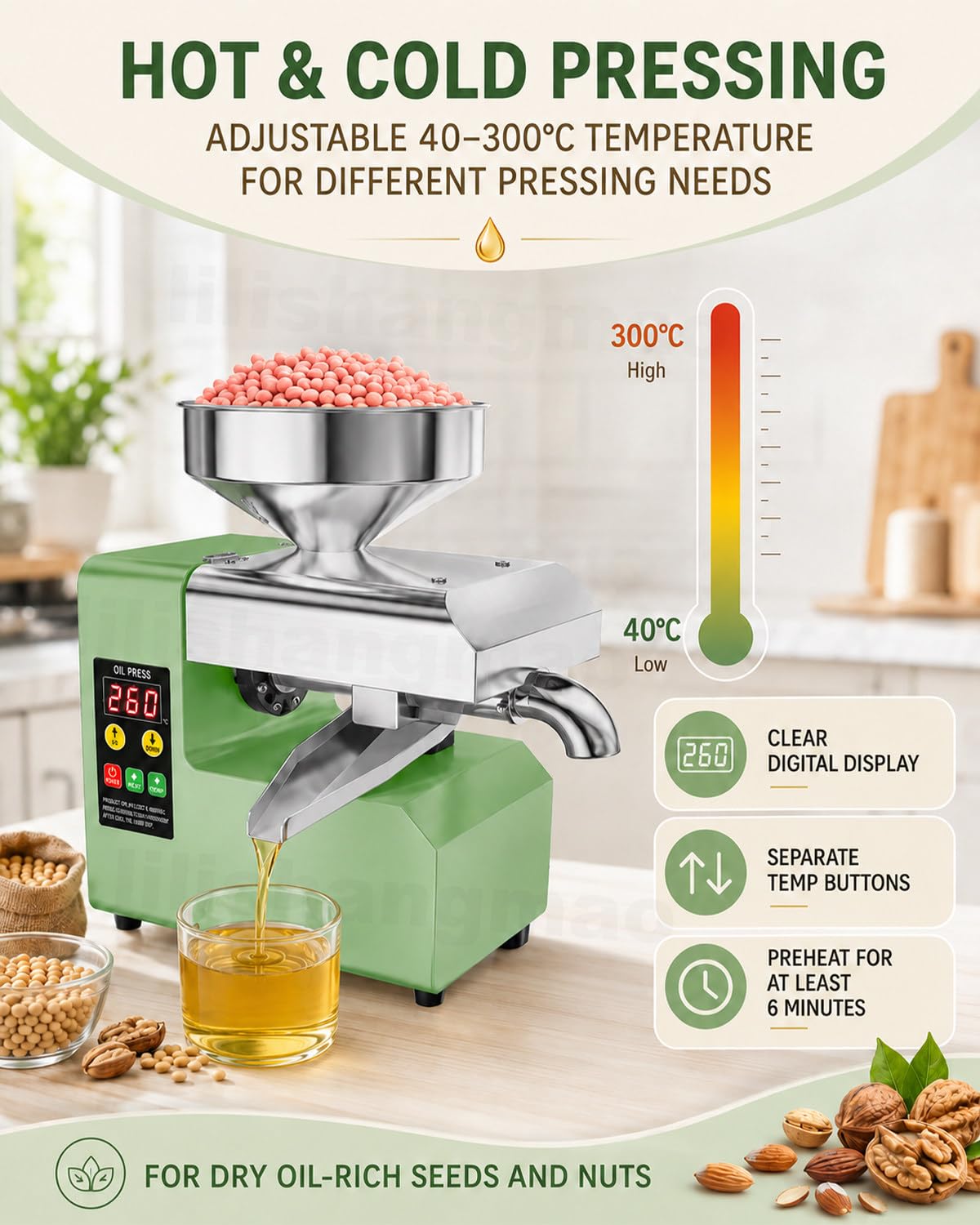 Prensa De Aceite De Sobremesa Para Semillas, Frutos Secos Y Uso Diario 800W | Diseño Compacto Con Calor Ajustable, Marcha Atrás, Tolva Grande Y Vías Separadas Para Aceite Y Residuos