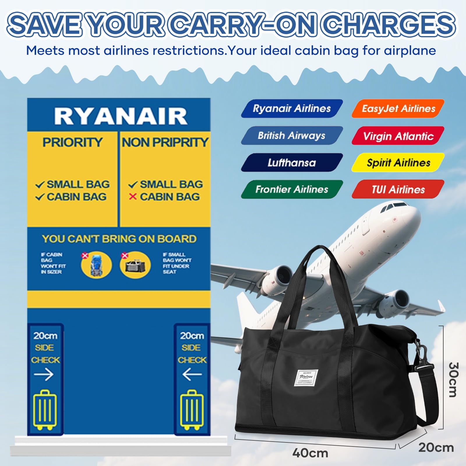 SEAFEW Sac de Voyage 40x30x20 Femme Sac fourre-Tout de Sport Imperméable pour Week-End, Cabine Avion Ryanair Bagage Cabine Easyjet Extensible pour Travel Gym Danse,J1-Noir