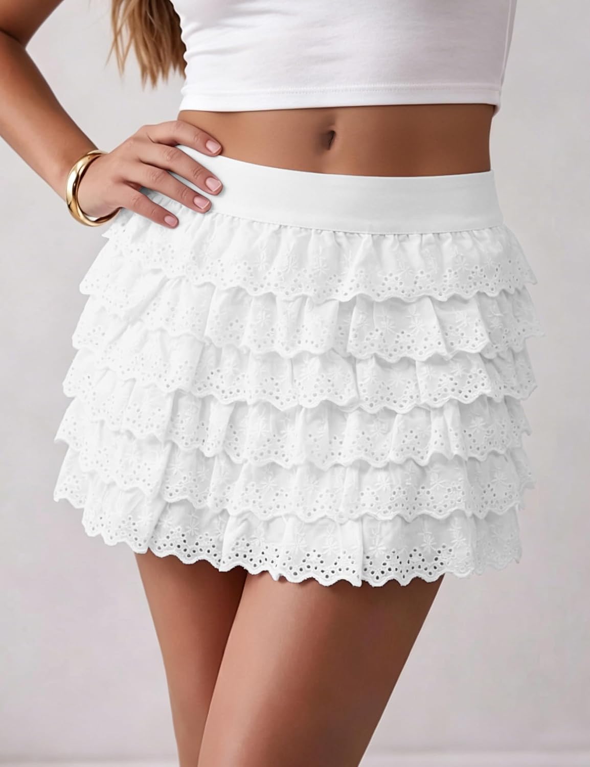 Ruffle Skirt Multi-Layered Lace Mini Skirts for Women Stretchy High Waisted Flowy Skirt