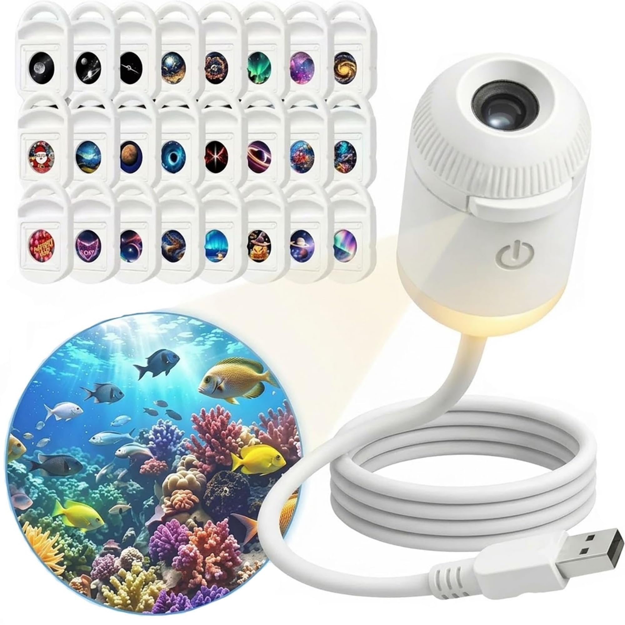 Proyector de Luz Nocturna Holográfico 5D Inteligente HD Dinámico, Proyector Cielo Estrellado HD Plug&Play, Brillo Ajustable 360°, Ideal Dormitorios, Meditación, Cine En Casa (24 Films)