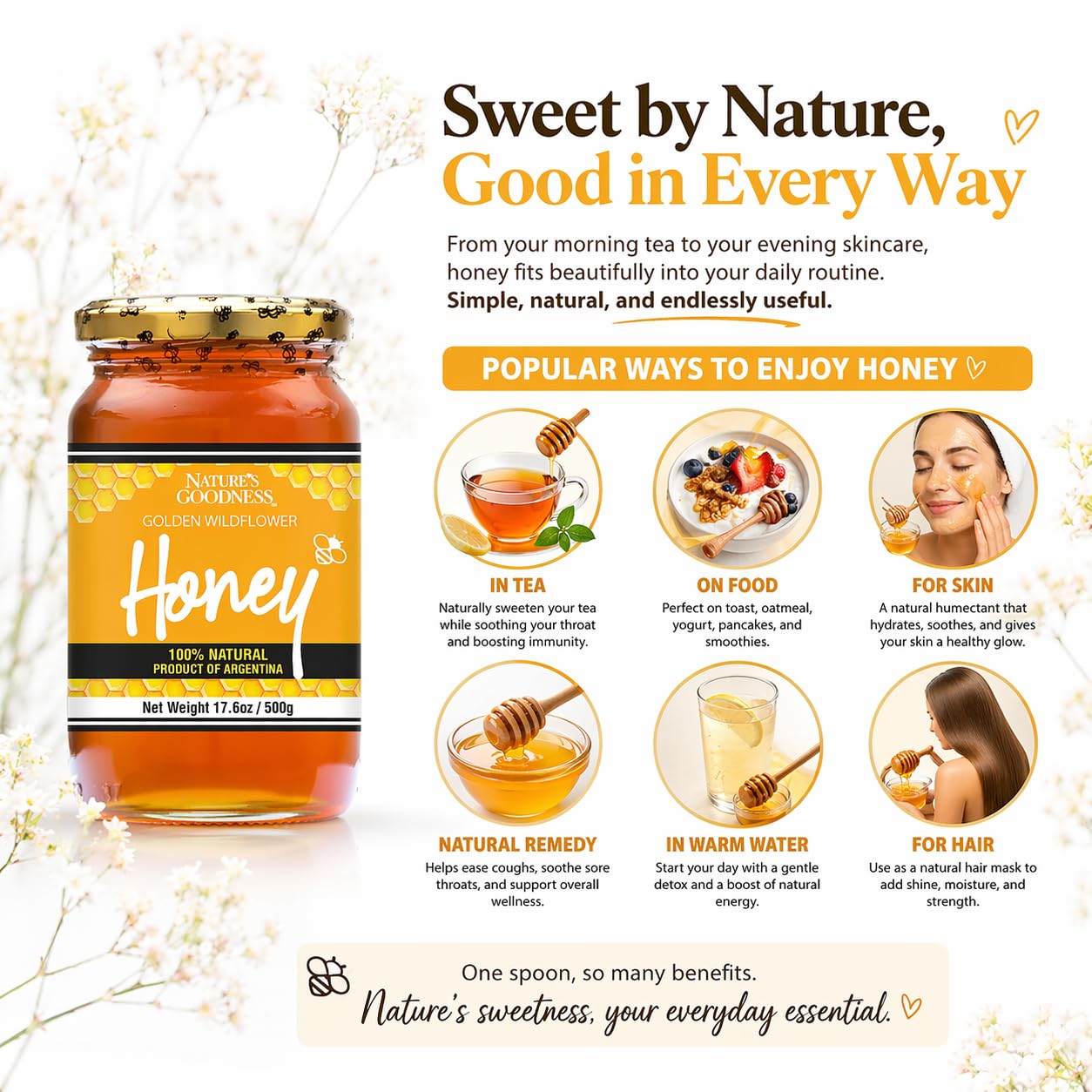 Nature's Goodness Golden Wildflower Honey in Glass Jar - Pure Real Honey for Tea, Baking & Cooking - 17.6 Oz (6 Pack) - 6.6 Pound Total