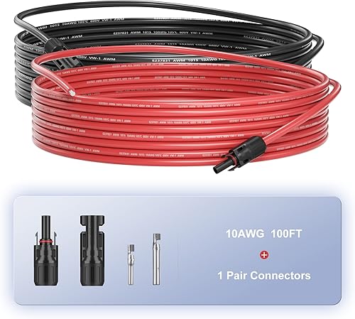 Miniatura 8 de Cable de panel solar de 20 pies 10 AWG (6 mm), calibre 10, 20 pies negro y 20 pies de cobre estañado rojo, kits de cable de extensión con conector