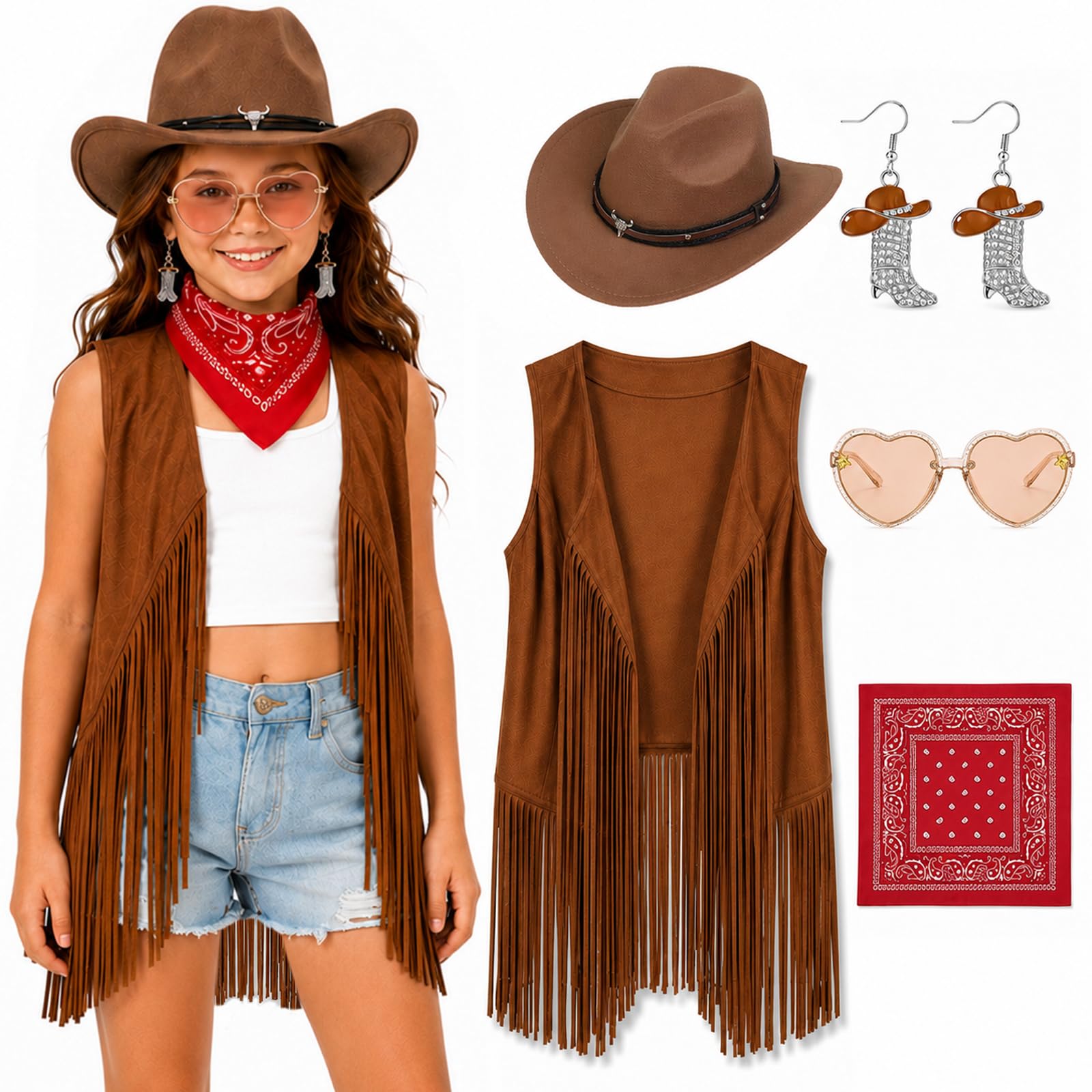 Kids Cowgirl Costume for Girls, 5-Piece Western Set with Hat and Waistcoat