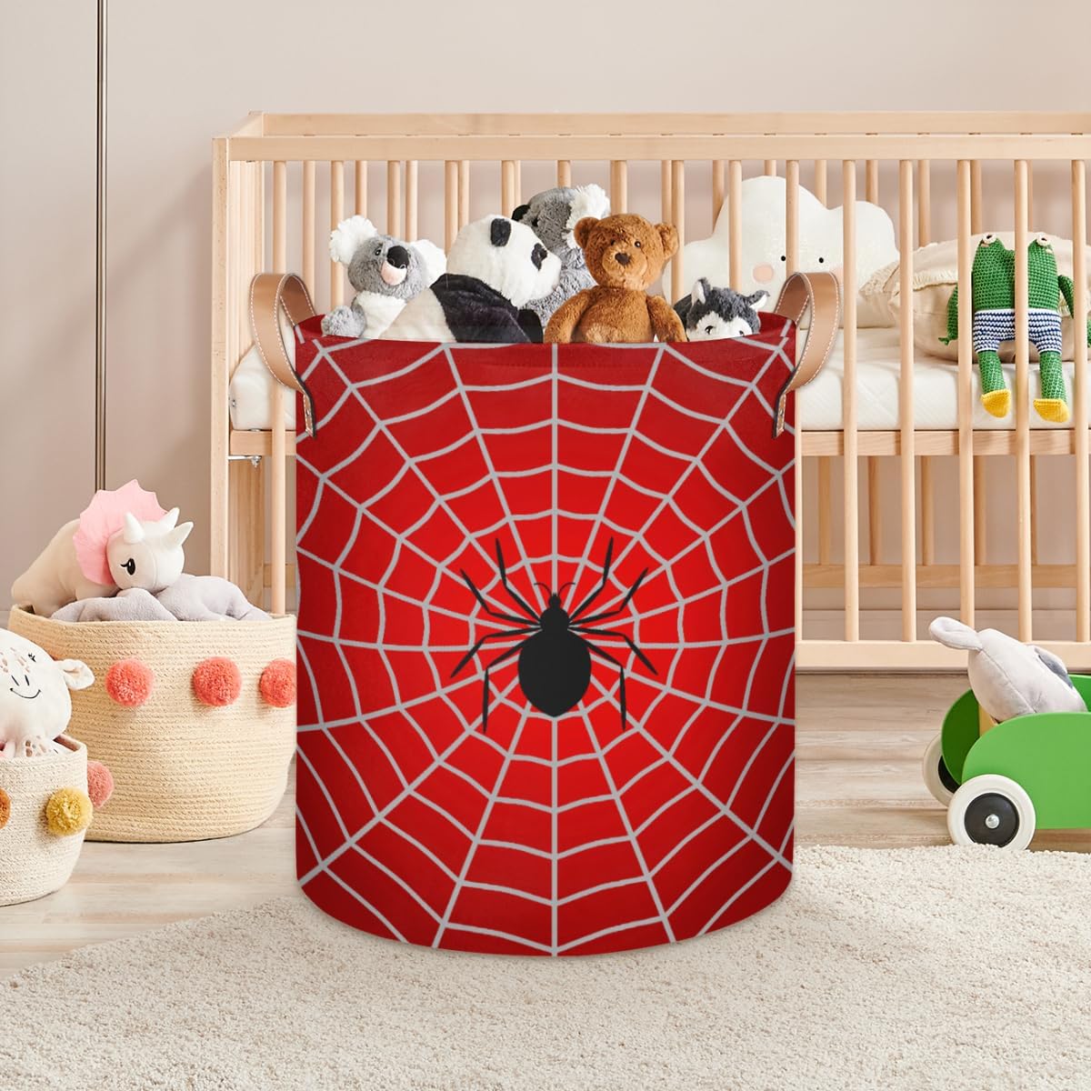 Large Laundry Basket Red Spider Web Collapsible Clothes Toy Storage Bin, Round Freestanding Laundry Hamper for Boy Kids Bedroom Bathroom Nursery Decor 16"W x 20"H