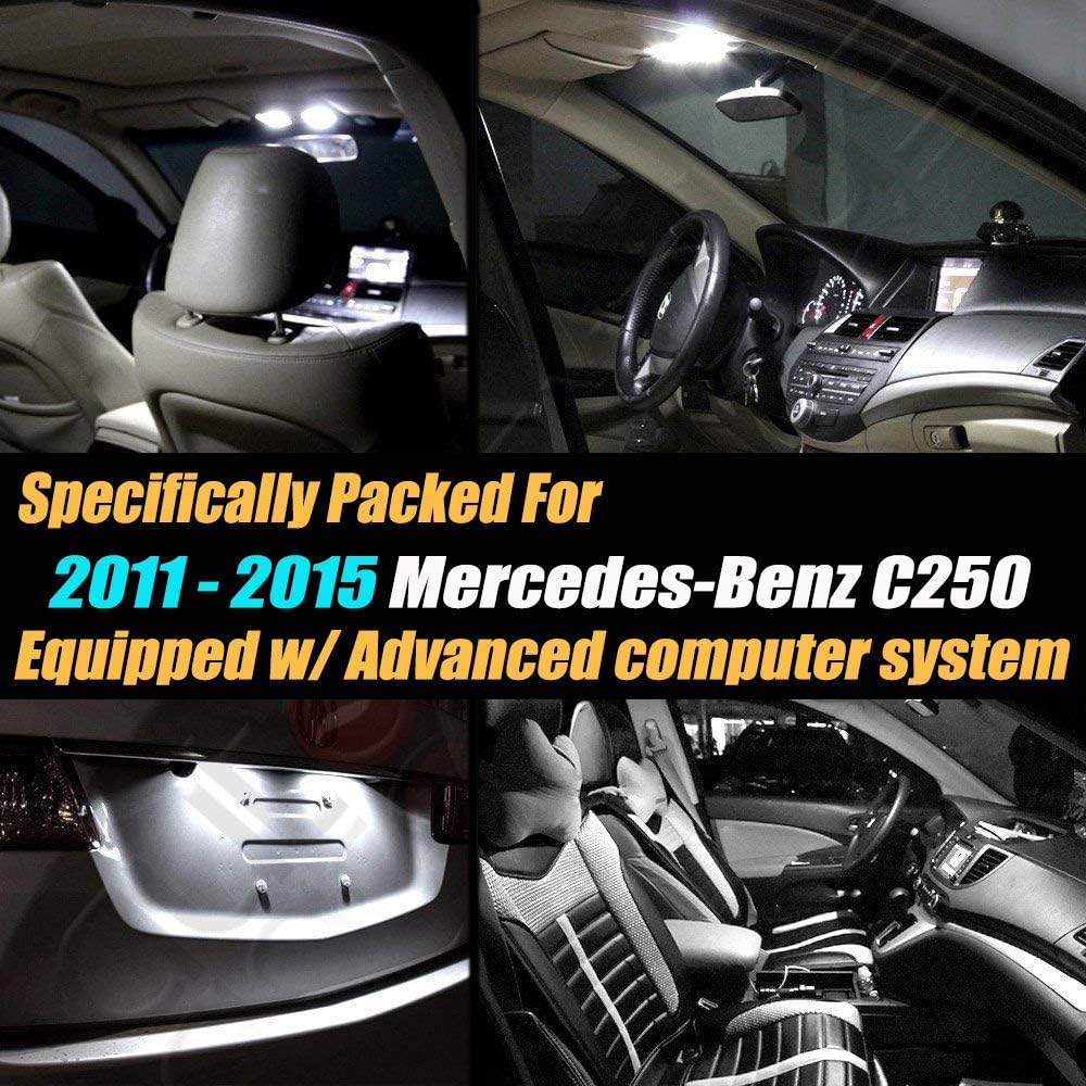 16Pc Canbus Error Free Super White 6000K Car Interior LED Light Kit Compatible for 2011-2015 Mercedes-Benz C250 Equipped w/Advanced Computer system
