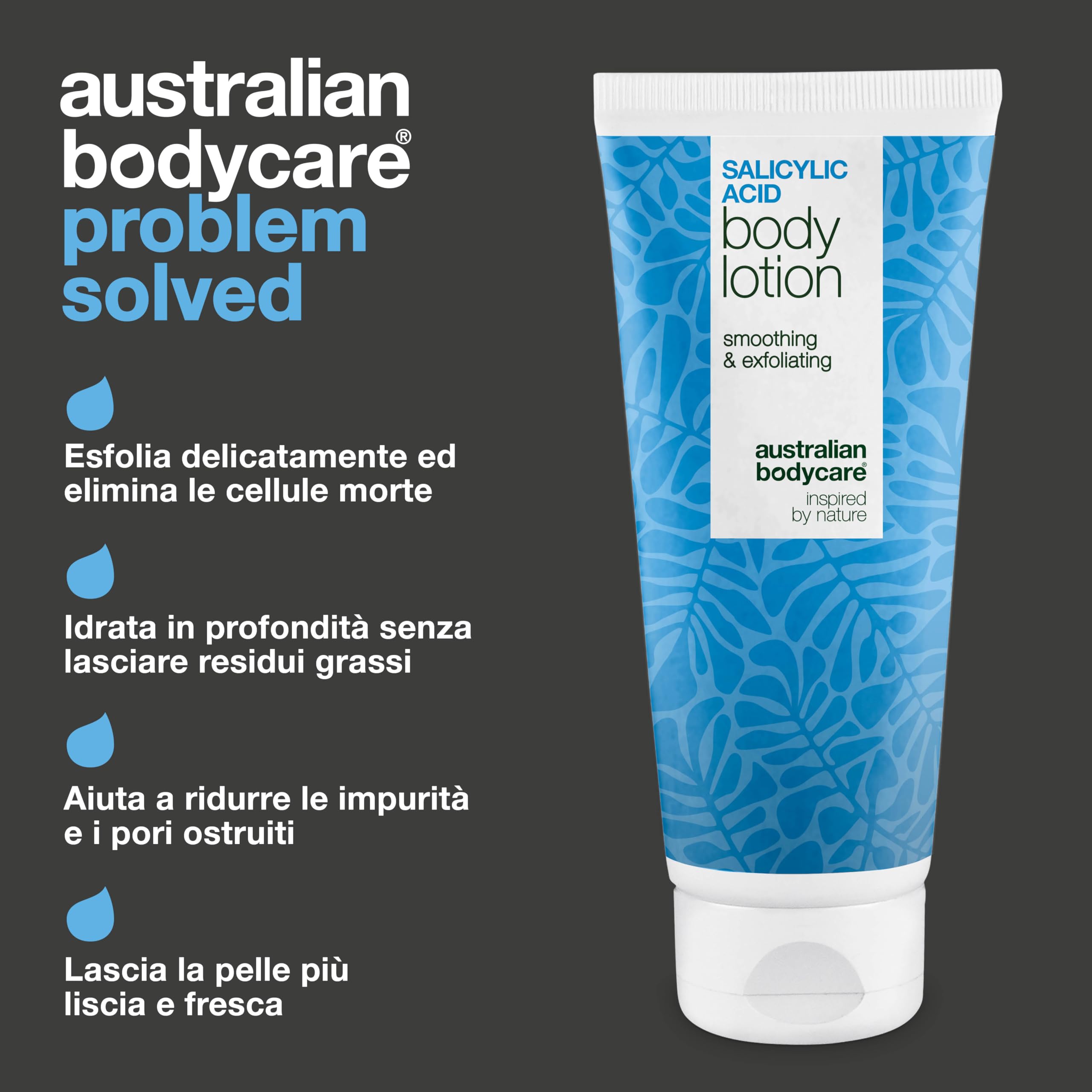 Lozione corpo con acido salicilico (200 ml) – per imperfezioni, pelle secca e grassa. Con BHA, niacinamide e acido ialuronico per esfoliare e idratare