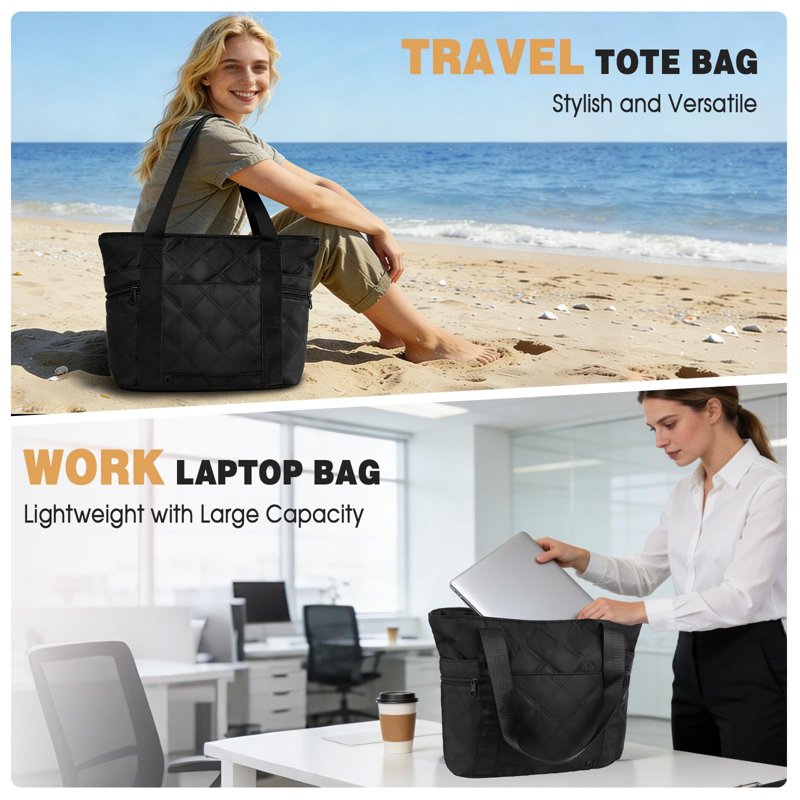 Borsa a Mano e Tracolla Donna, 15,7 Pollici Grande Puffy Tote Bag con Scomparto per Laptop e Borsa Piccola, da Viaggio Lavoro Università - Nero