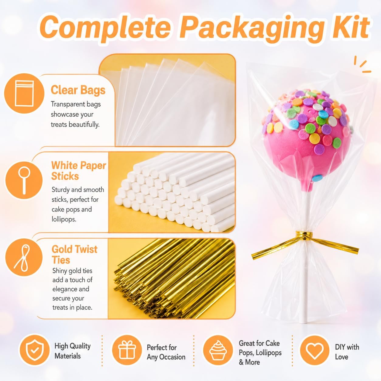 RAINFLOW 600 Pcs Cake Pop Sticks and Wrappers Kit for Candy and Parties