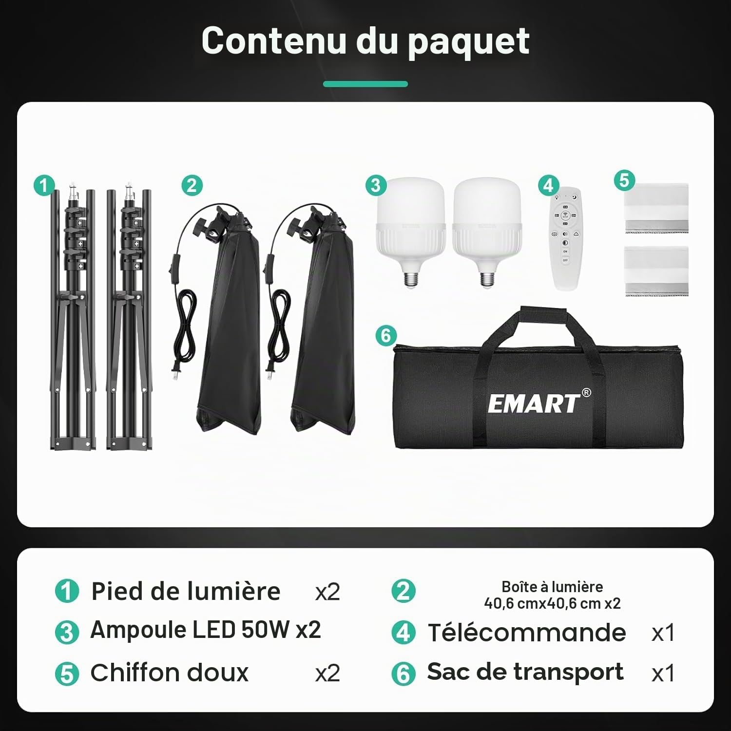 EMART Softbox 40 x 40cm, Studio Photo Eclairage LED de 50 W 3000-6000K, Lampe de Photographie, Boîte à Lumière Pliable avec Support, Soft Box pour Vidéo, Photographie, Portraits en Studio