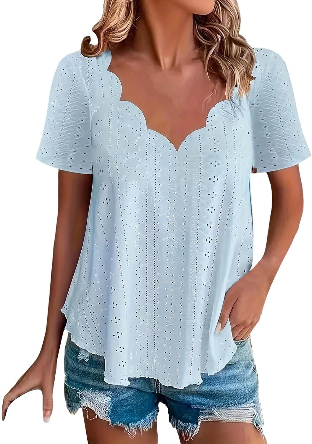 Women's Plus Size Tops Short Sleeve Lace V Neck Scalloped T Shirts Dressy Casual Blouse Loose Fitted Tees