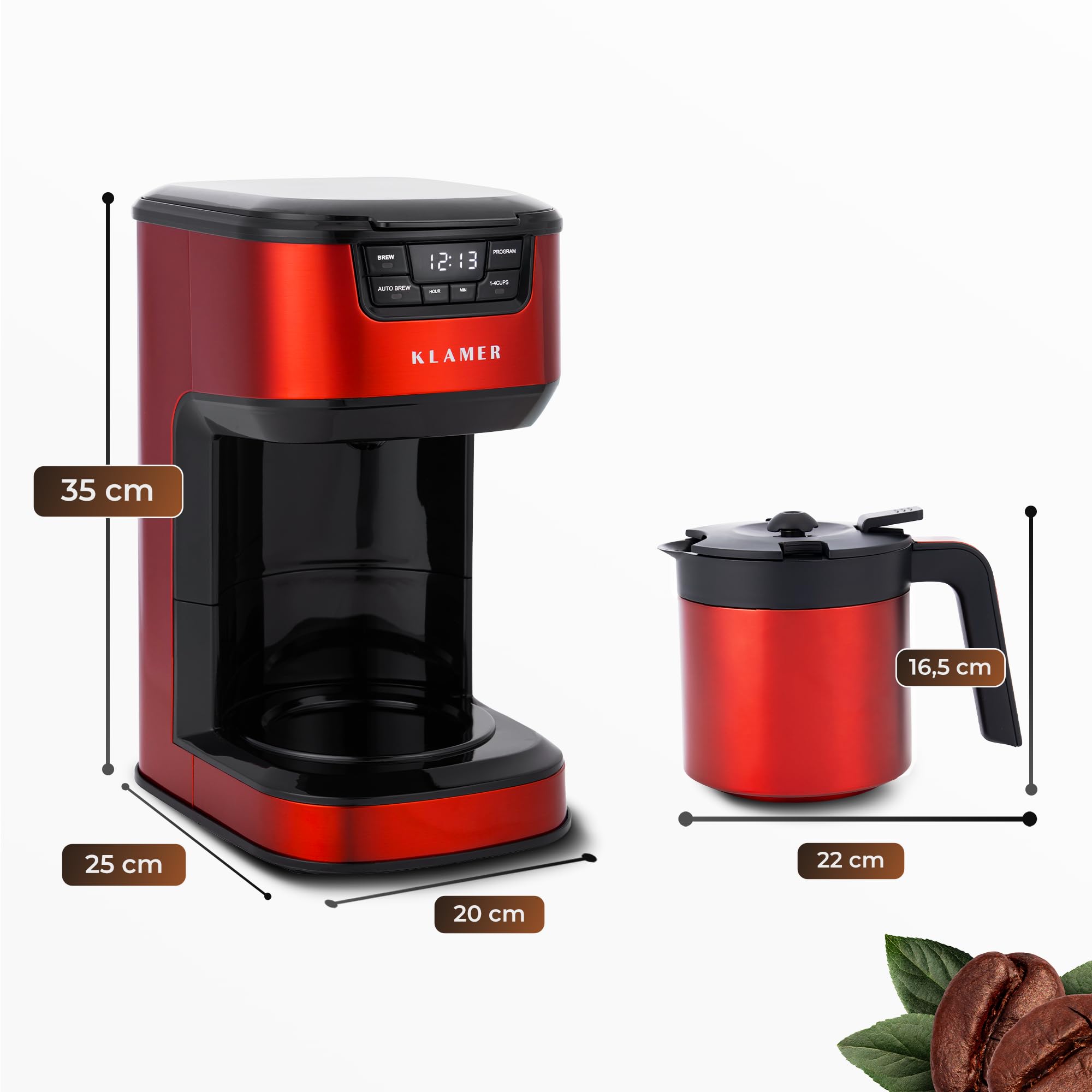 KLAMER Kaffeemaschine mit Startzeitvorwahl, morgens ist der Kaffee fertig | Die doppelwandige Thermoskanne hält den Inhalt warm, mit 1,25 L für bis zu 10 Tassen, Tropf-Stopp und herausnehmbarem Filter