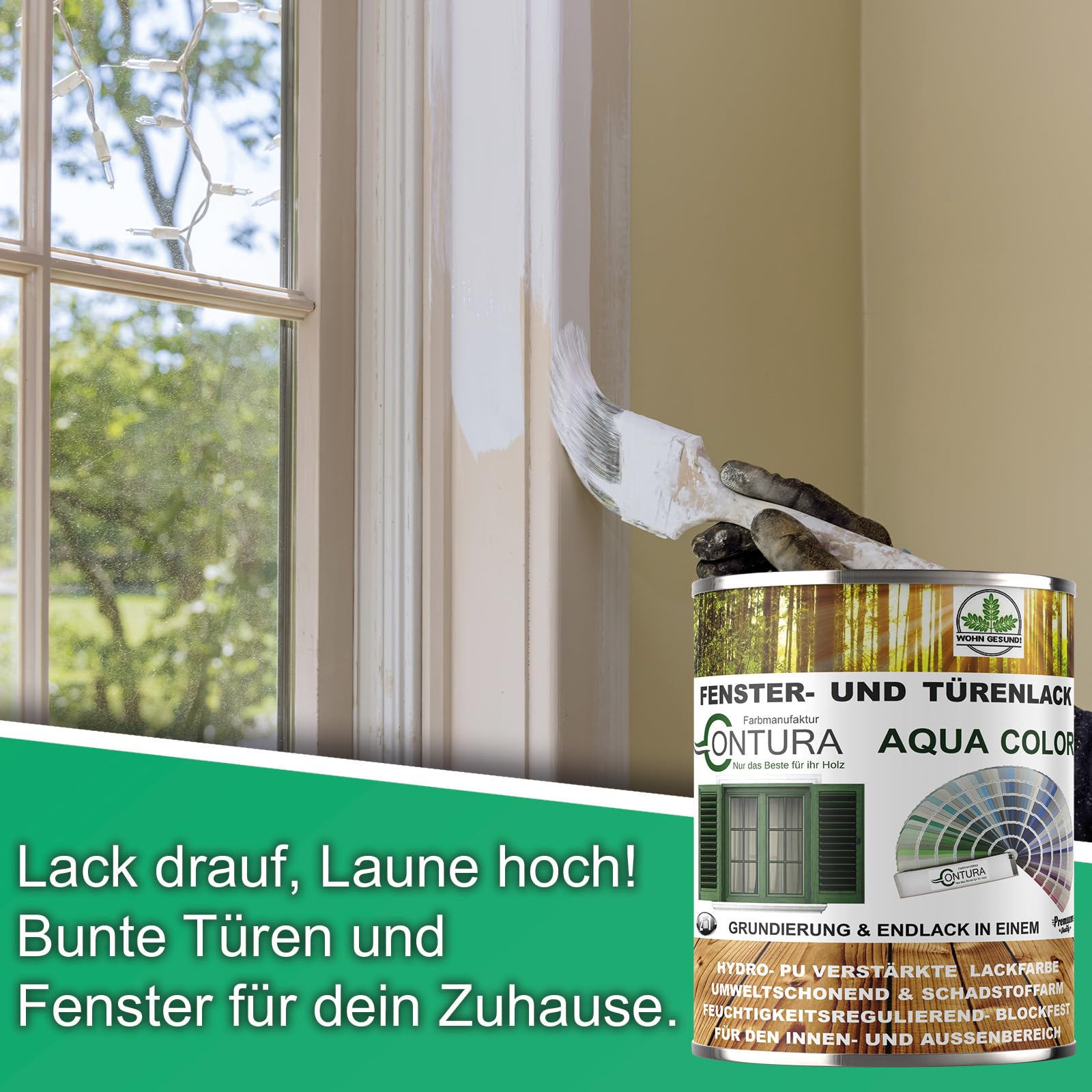 Contura Fensterlack Türenlack 750ml Glänzend nach RAL mit Pinsel Möbellack Innen und Außen Holzlack Metalllack (RAL 1014 Elfenbein, 750ml.)