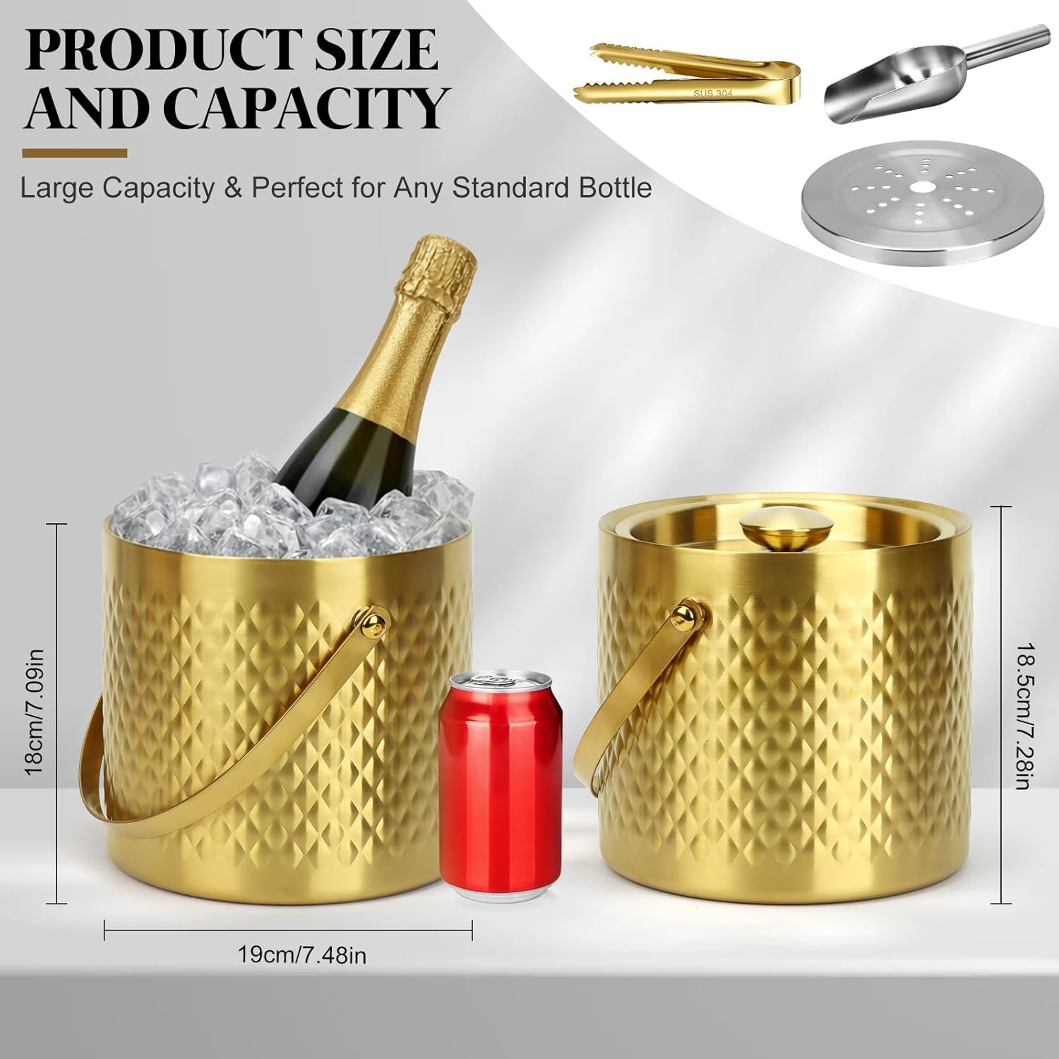 Gold Ice Bucket with Lid, Handle and Tong Insulated 3L Double Wall Stainless Steel Champagne Bucket with Silicone Sealing Ring, Scoop & Strainer, Metal Ice Bucket for Bar, Party, Home Entertaining