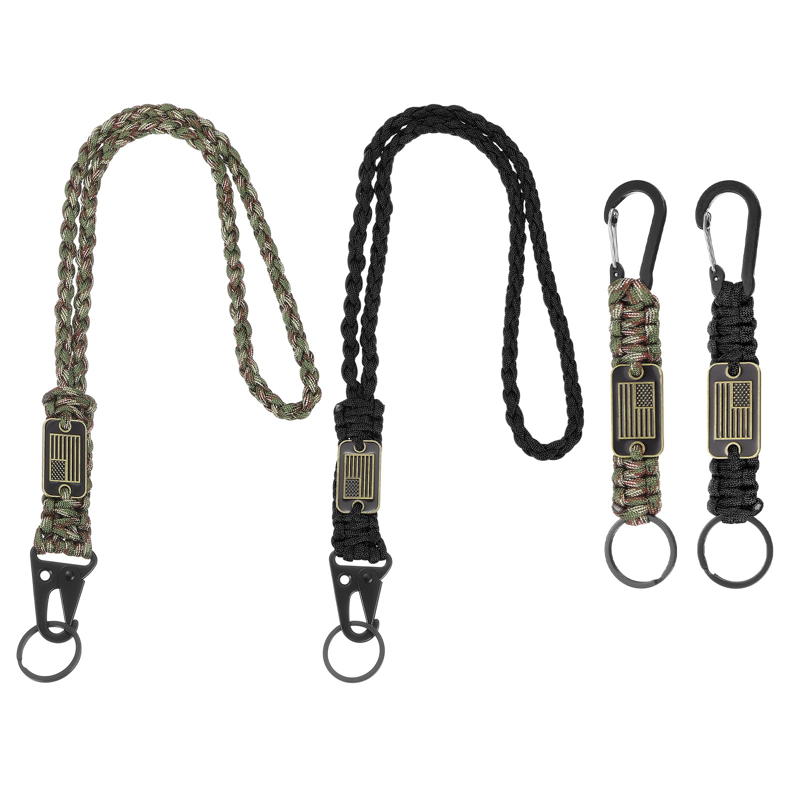 YELARXI Paracord Keychain Carabiners Clip, Heavy Duty Lanyard 4Pcs & 21.7/6" & Black/Army Green Camouflage - Fitting for(Outdoor Activity Survival/Keys Whistle/Key, Backpacks/Water Bottle)