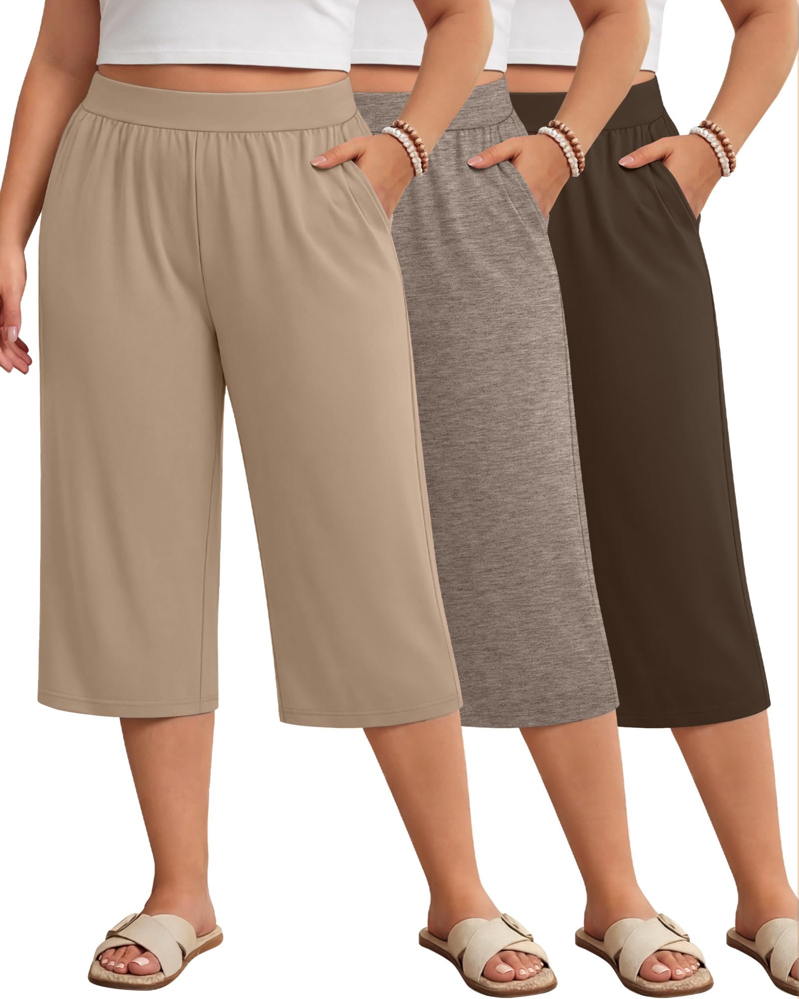 Huukeay 3 Pack Women's Plus Size Capri Pants Loose Fit Wide Leg Capris Sweatpants Summer High Waisted Yoga Pants with Pockets