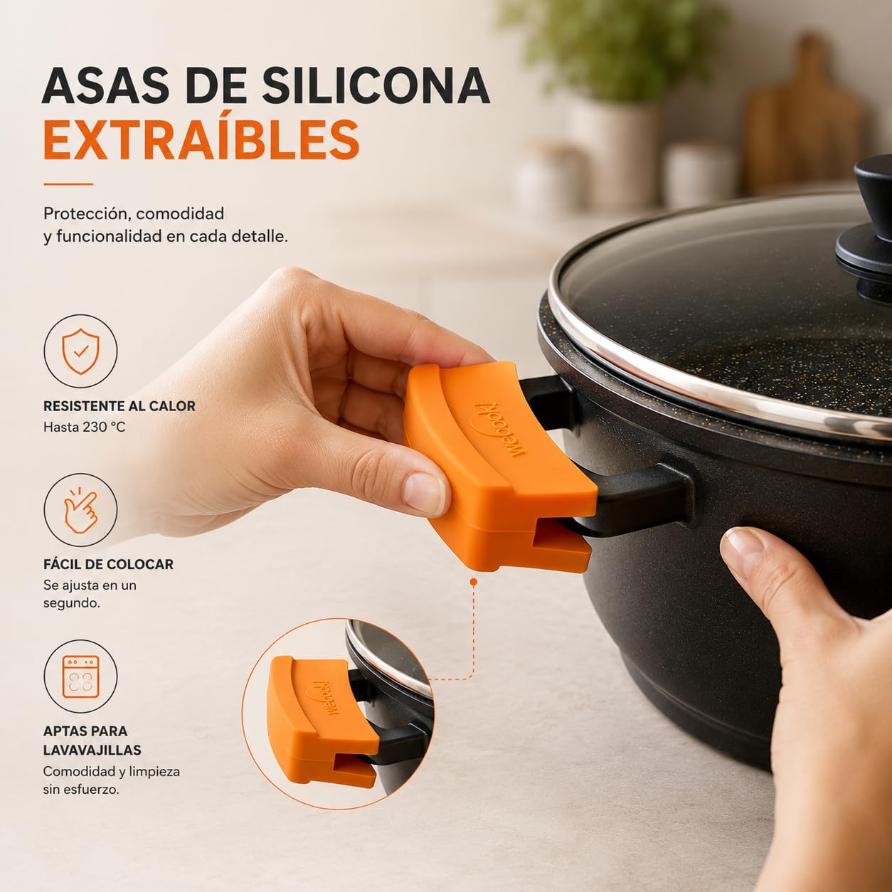 WECOOK Cazuela Baja Ecochef Titanio, 28 cm, 5 L, Negro, Inducción | Antiadherente QUANTANIUM 5 capas sin PFOA, Aluminio fundido 5 mm, Apta horno 230°C, Tapa vidrio templado, Lavavajillas
