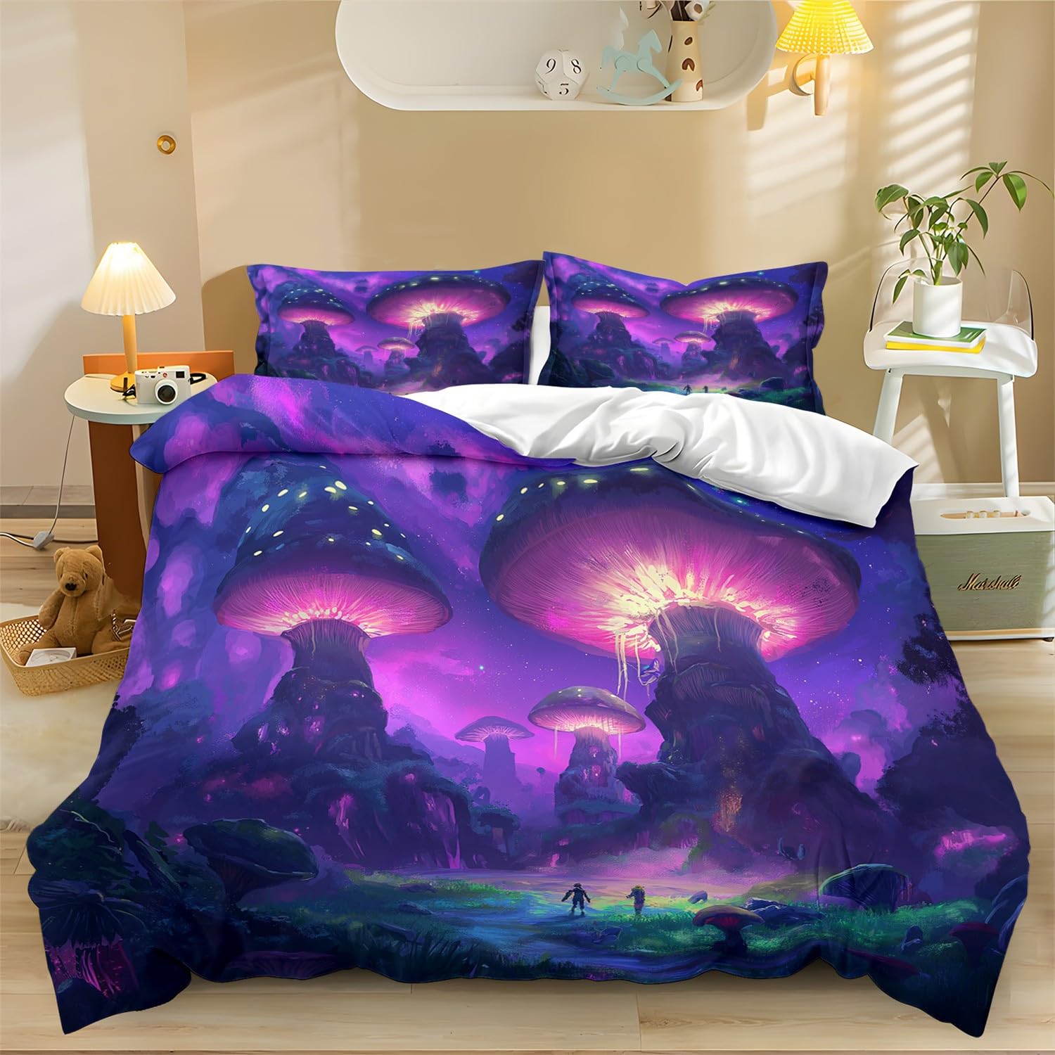 Fantasy Luminous Mushroom Bedding Set Microfiber Duvet Cover Set For Boys Girls Purple Pink Zipper Duvet Cover Set Soft 260x220cm
