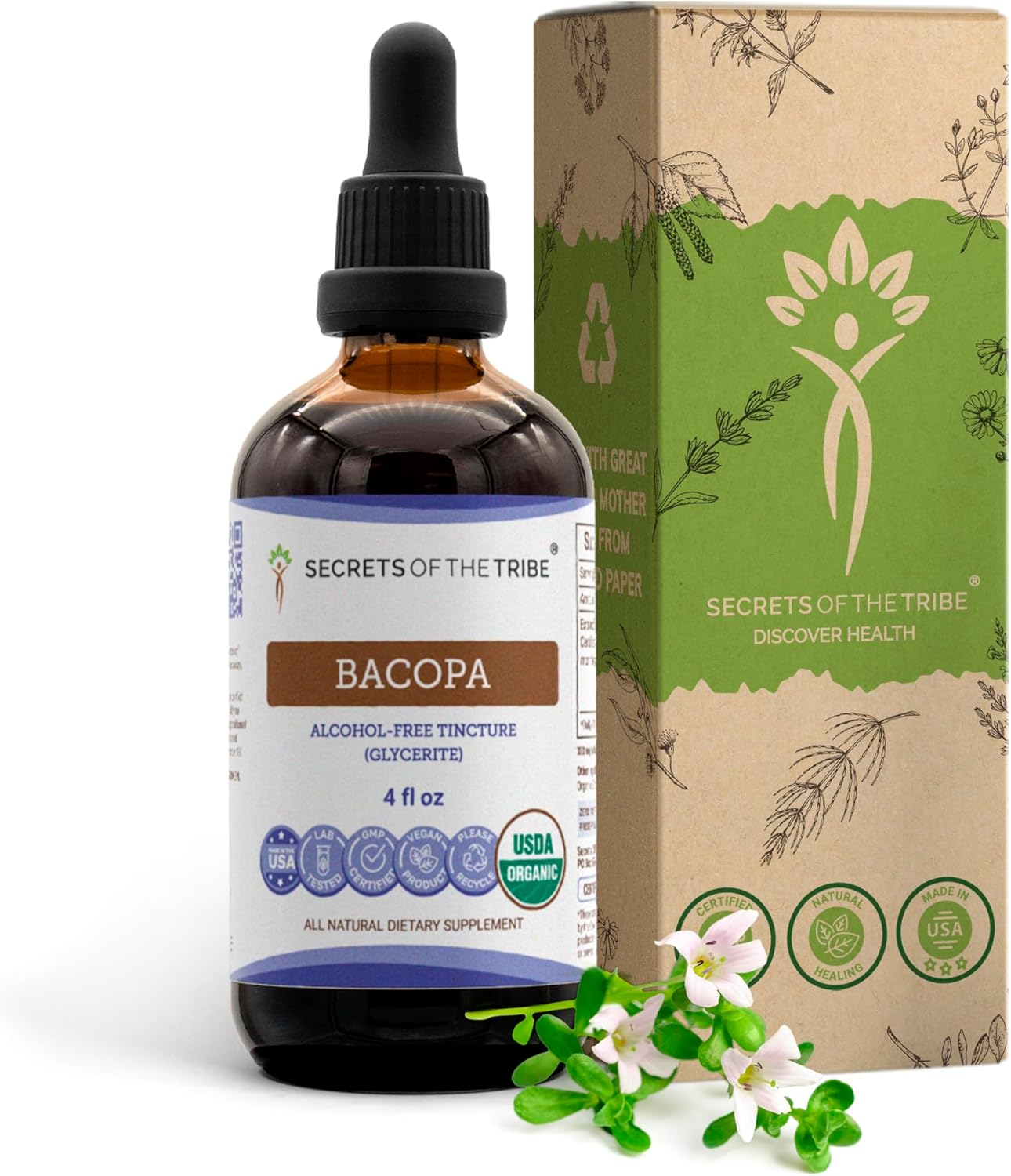 Bacopa USDA Organic | Alcohol-FREE Extract, High-Potency Herbal Drops, Relaxation, Positive Cognitive Effect | Made from 100% Certified Organic Bacopa (Bacopa Monnieri) Dried Herb 4 oz