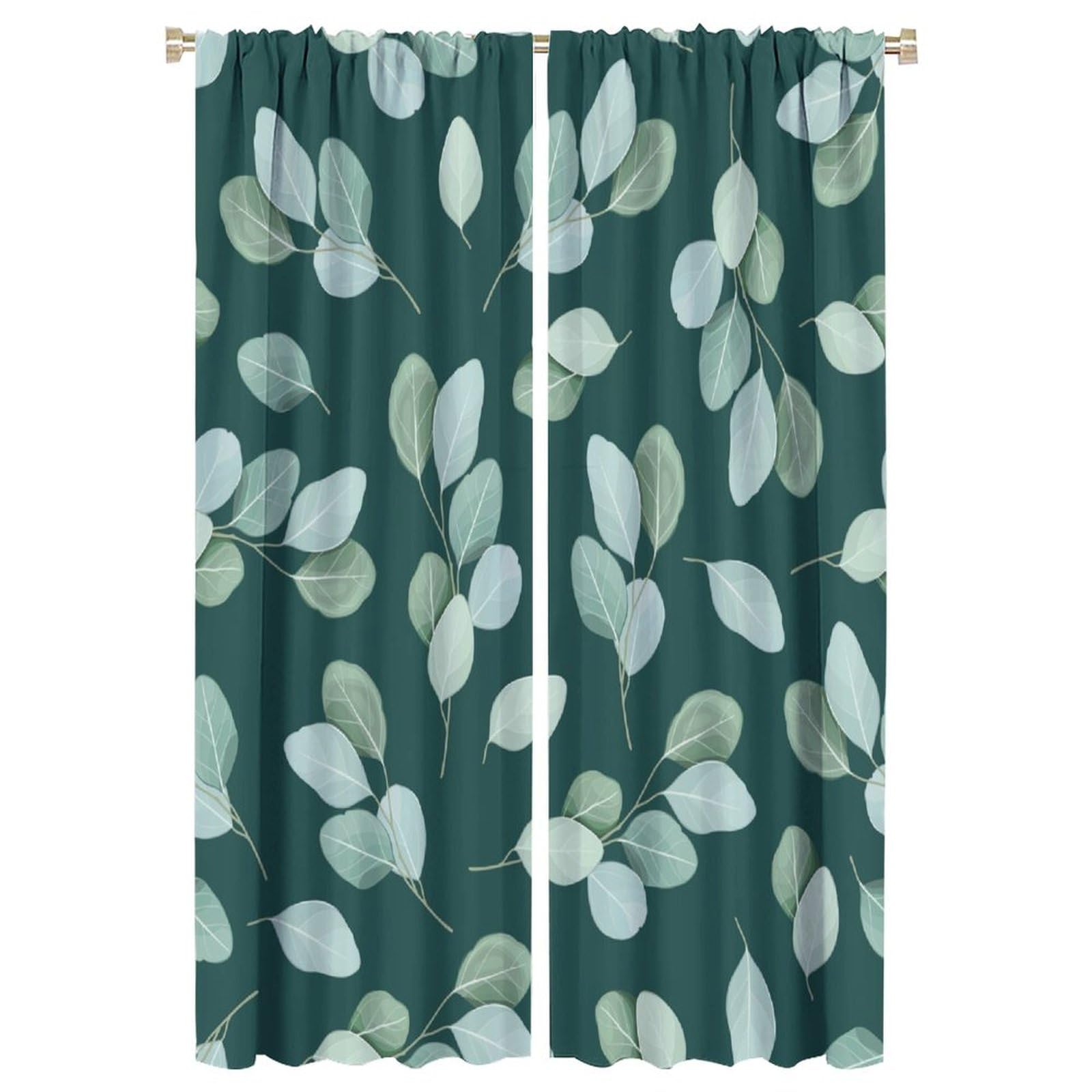 Eucalyptus Curtains Nature Botanical Blackish Green Leaves Pattern Blackout Print Rod Pocket Window Drapes for Bedroom Living Room 52x84in