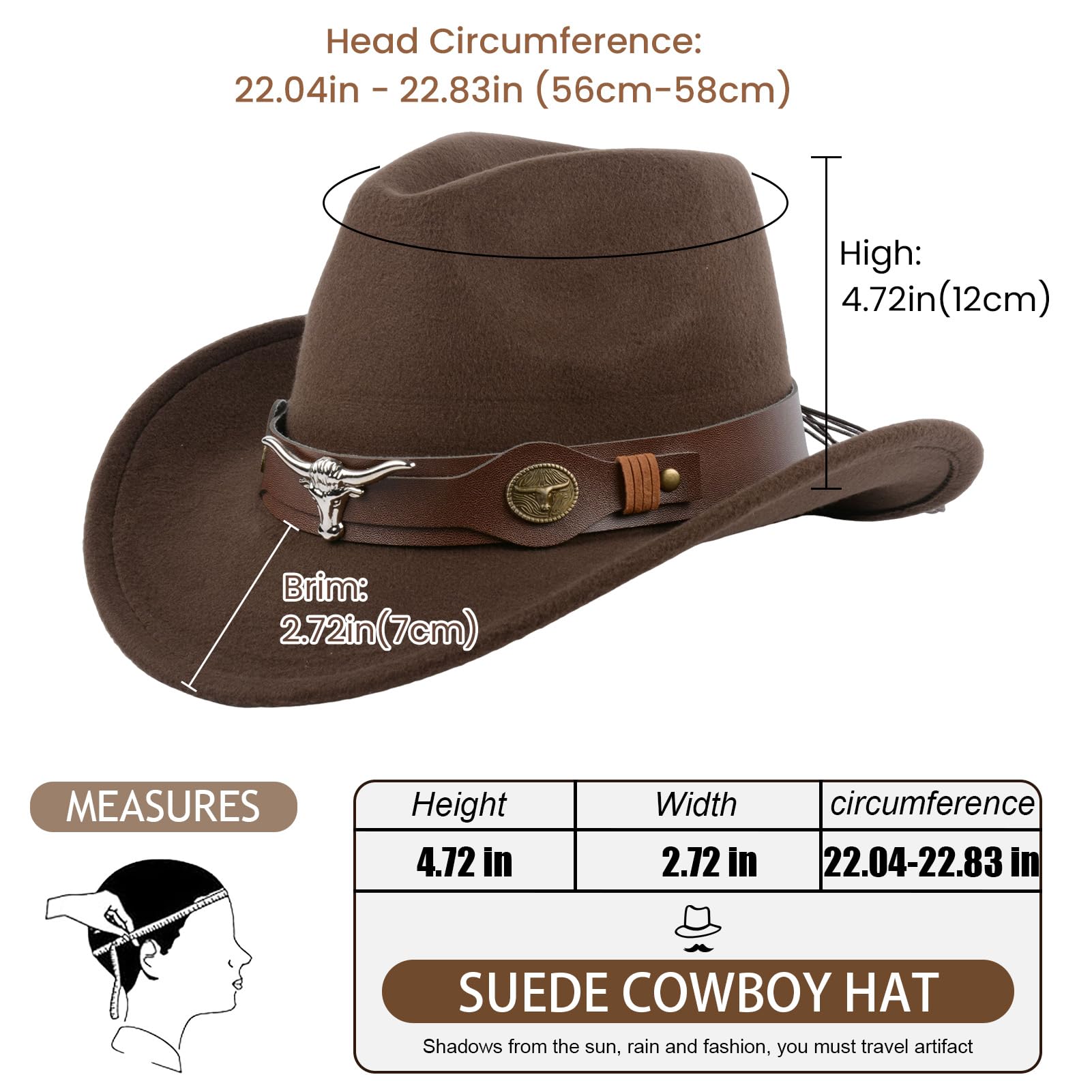 Sombrero de vaquero occidental para hombre y mujer, sombrero de gamuza ajustable suave para vaquera, sombrero de vaquero para exteriores, sombrero de vaquero con ala ancha, color marrón, marrón, L