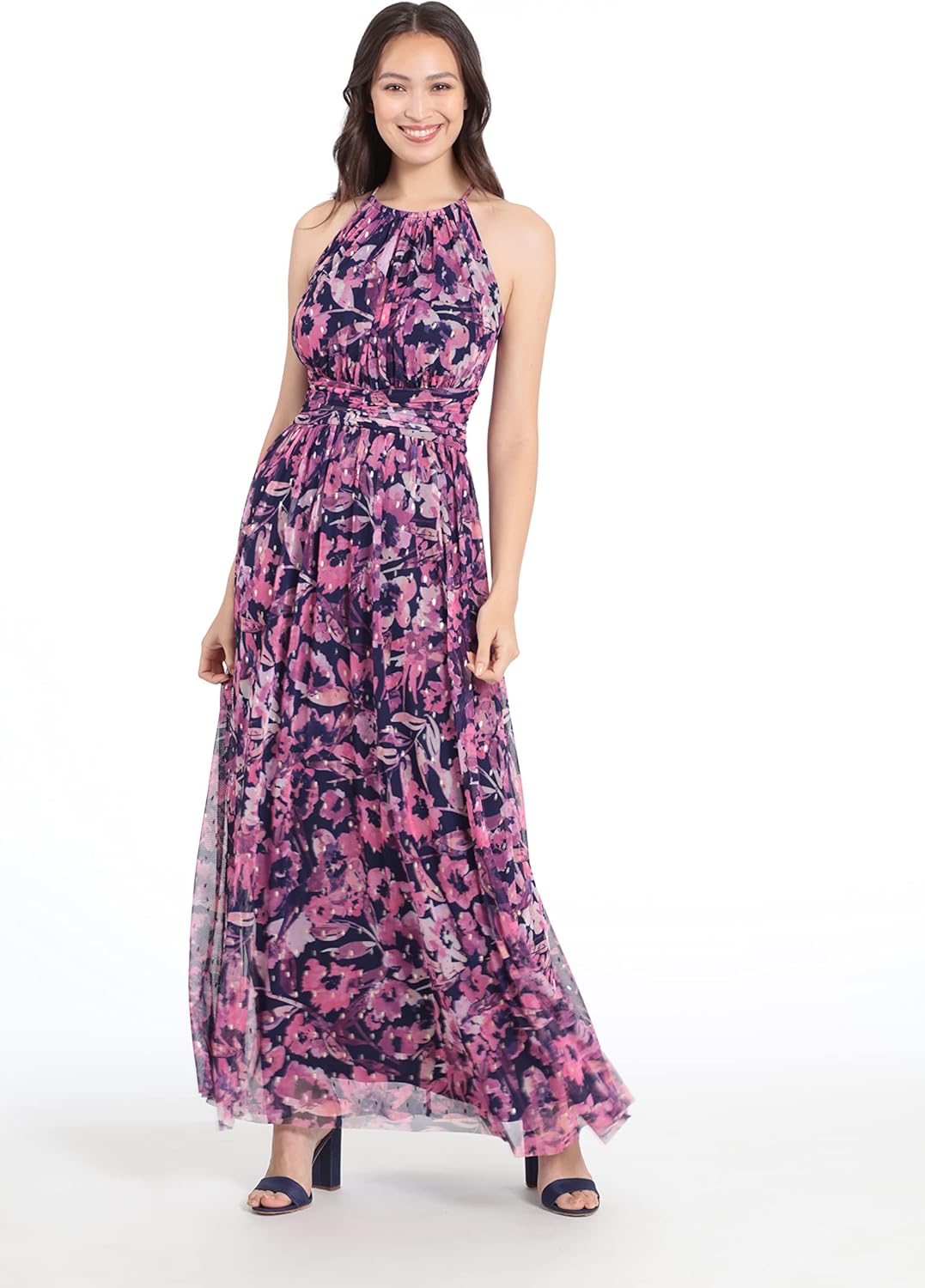 London Times Womens London Times Mesh Halter Maxi Dress with Ruched Waistband Flowy Bohemian Beach Dresses - Image 3