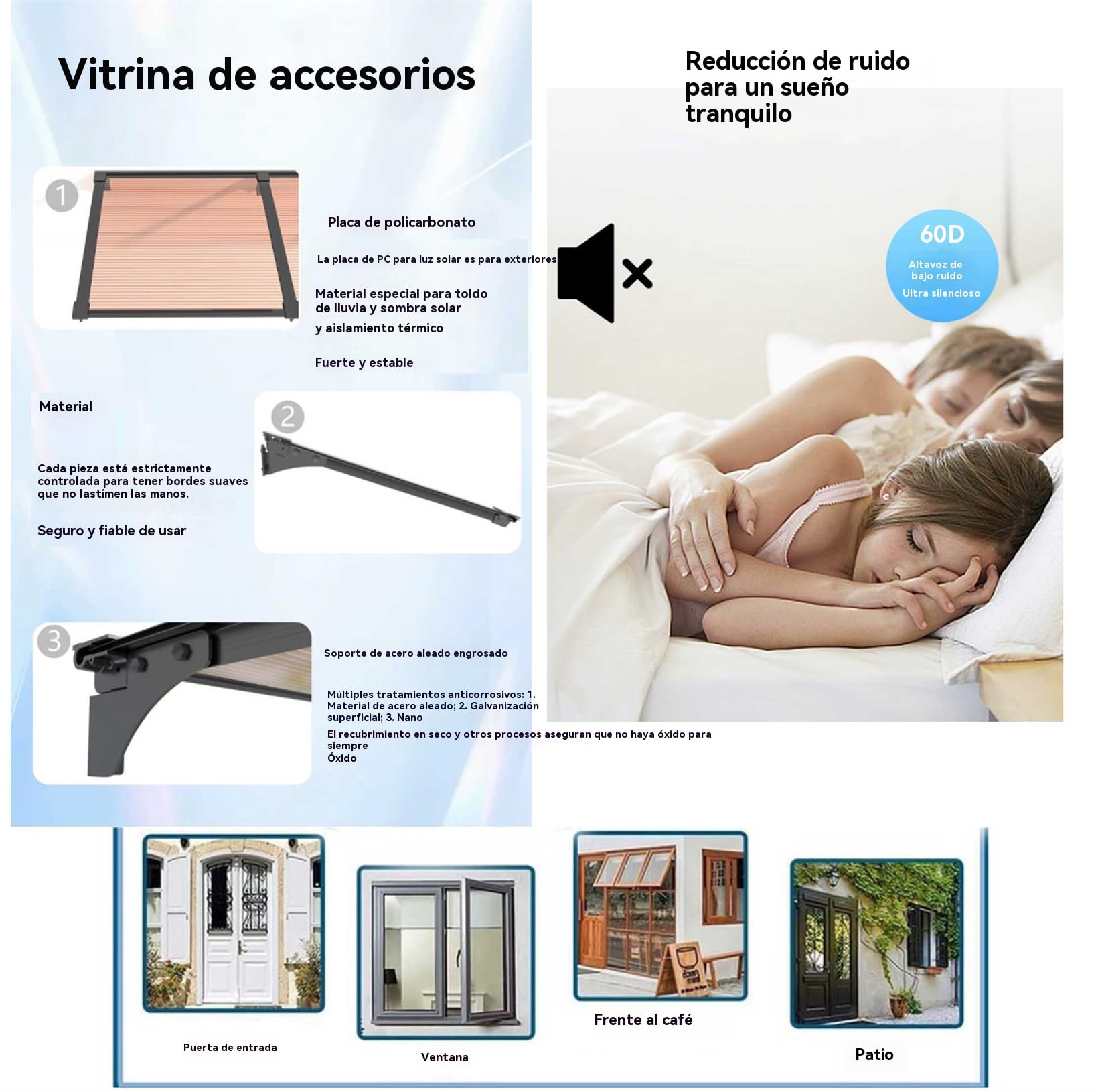 Marquesina Puerta Exterior Pequeña, Gguuwg Tejadillo de Protección contra Sol y Lluvia con Soporte de Aluminio, antitifón 12, Uso prolongado en Exteriores Protege contra el Sol Intenso