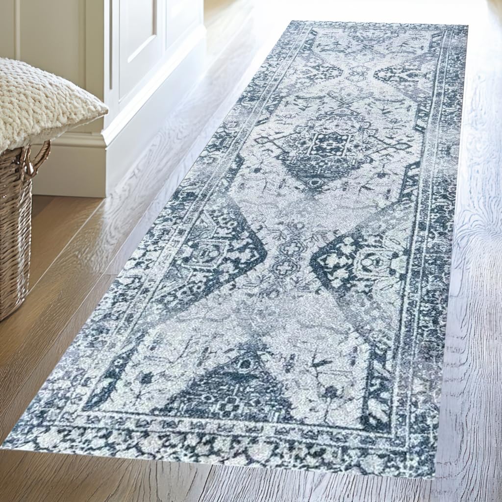 Wash + Dry Levi Vintage One-Piece Washable Runner Rug with Rubber Backing, Indoor Mat for Hallway, Entryway, Kitchen, Bedroom, Non-Slip Area Rug,