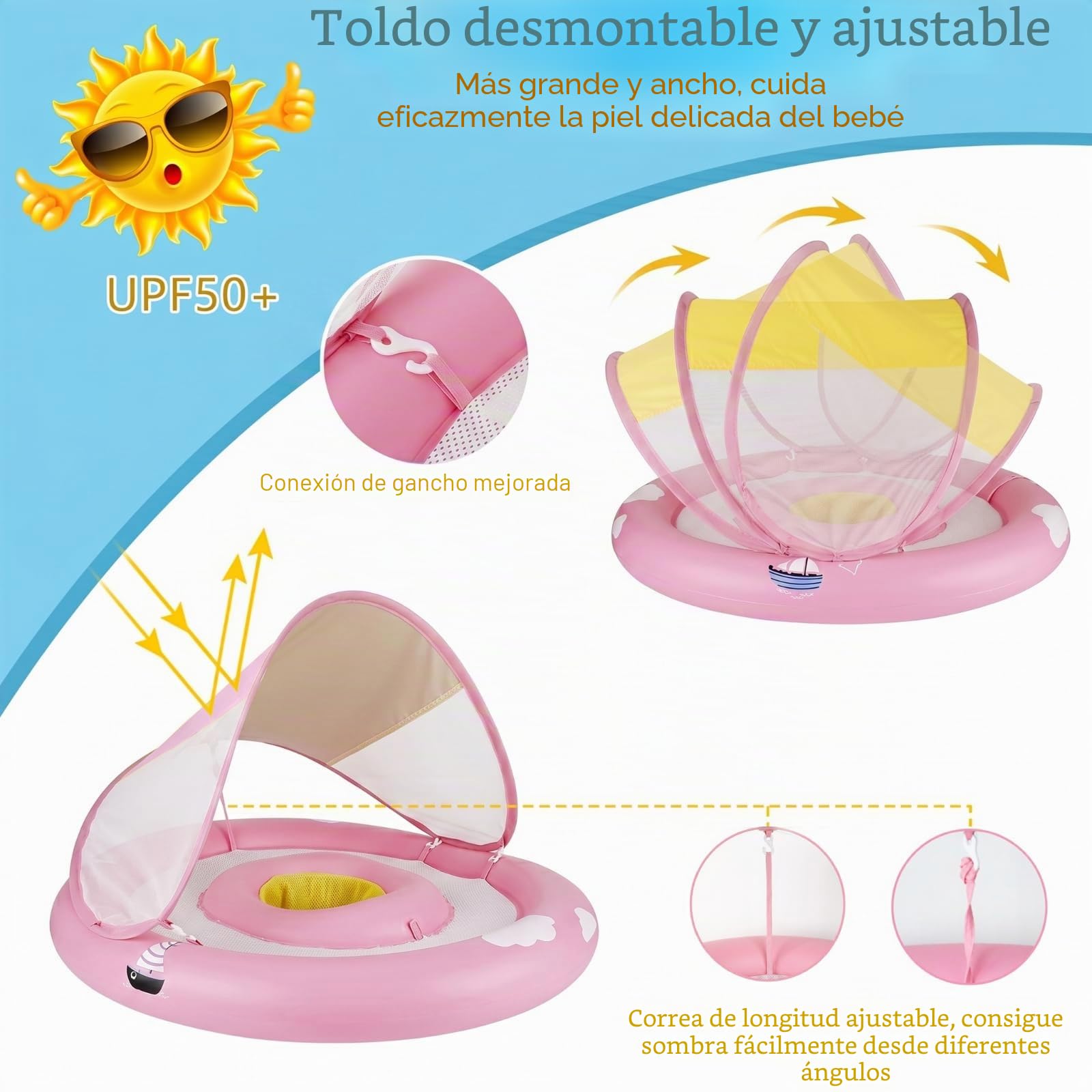 MYCARBON Flotador Bebe para 6 a 30 Meses con Asiento Ajustable Flotador Bebe con Sombrilla UPF50+ con Dos Airbags Bomba de Aire para Niños de 7 a 14 kg