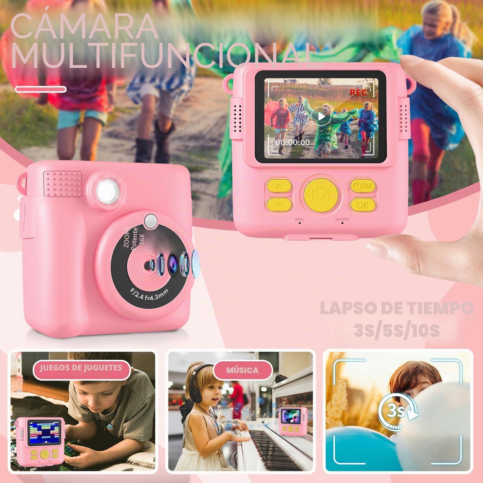 CHRERNA Camara Fotos Infantil Instantanea, 2,4" HD Camara Fotos Infantil, 1080P Cámara Instantánea con Tarjeta de 32GB y Papel de Impresión, Regalo para Niños y Niñas 3 a 12 Años