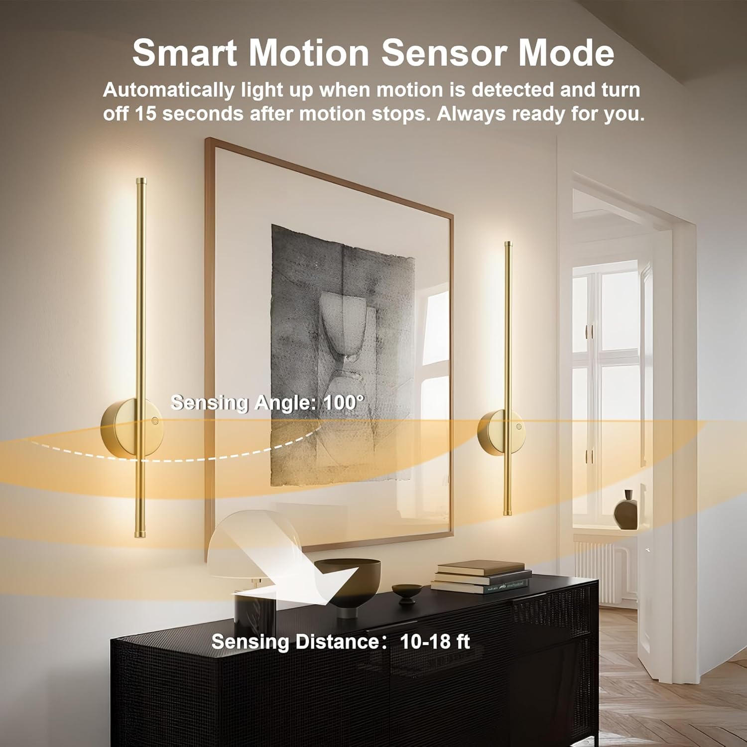 Lámpara de Pared LED Recargable Sin Conexión Eléctrica 100CM Largo Luz de Pared Detector de Movimiento Inalámbrico Luz de Pared Lámpara de Salón Regulable Mando a Distancia Luces,Oro,60CM