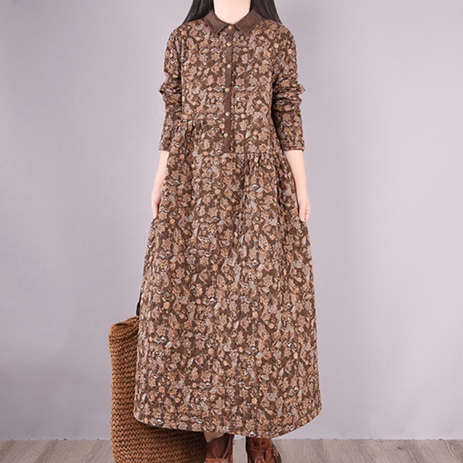 HAOLEI Abito da Donna con Stampa Floreale in Lino A-Line Mini Abito Lungo Contadino Maniche Lungo Floreale Vacanza Festa Copricostume Mare per la Primavera e L'Estate Confortevole e Traspirante