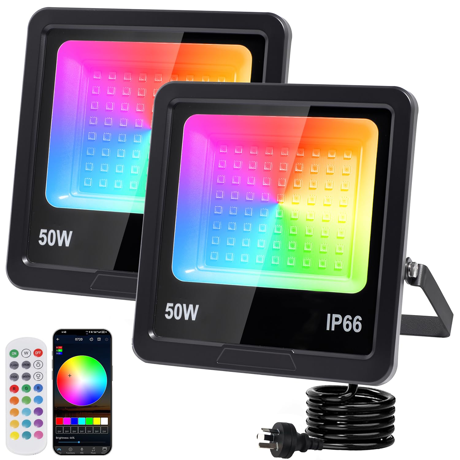 RGB LED Strahler, RGB Strahler mit 360° Fernbedienung und Bluetooth APP, Rgb-strahler Outdoor IP66 Wasserdicht rgb-Flutlicht Smart Partylicht für Bühne Feiern Garten Halloween(50W 2 Stück)