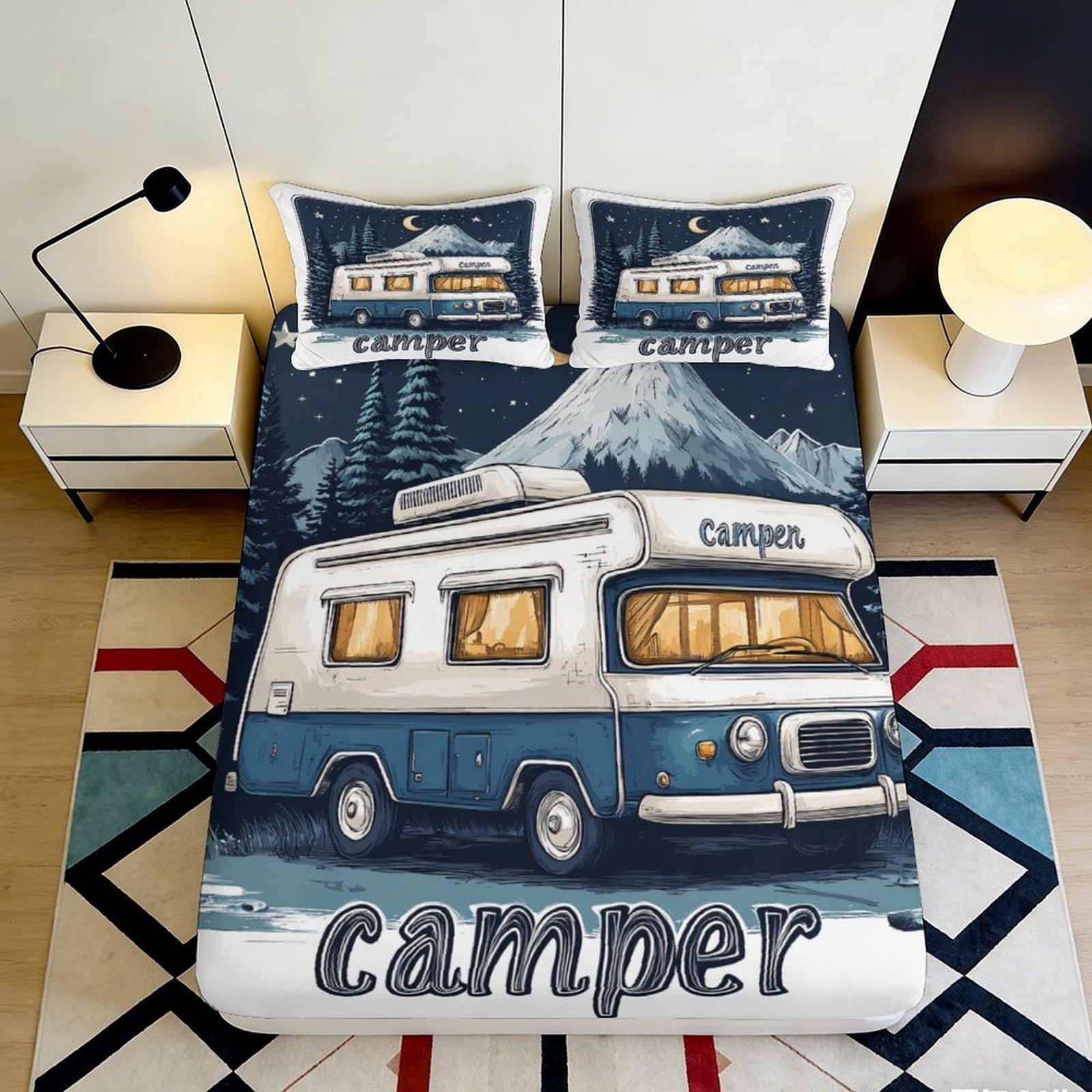 3D Printed Camper Van Fitted Sheet Microfiber Soft Durable Night Sky Bed Cover for Bedroom Dormitory Guest Room Mattress Protection 120x200x25cm