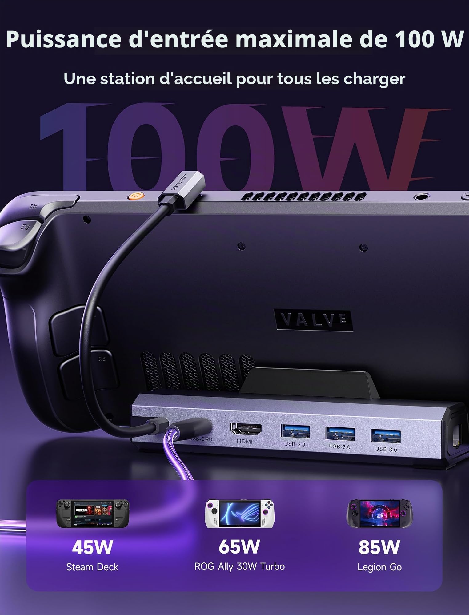 JSAUX Station d’Accueil 4K@120Hz avec Chargeur 65W, Compatible avec Steam Deck OLED/ROG Ally X/Legion Go (S), Station 6-en-1 avec HDMI, Ethernet Gigabit, 3 Ports USB 3.0 et Charge 100W – HB0603