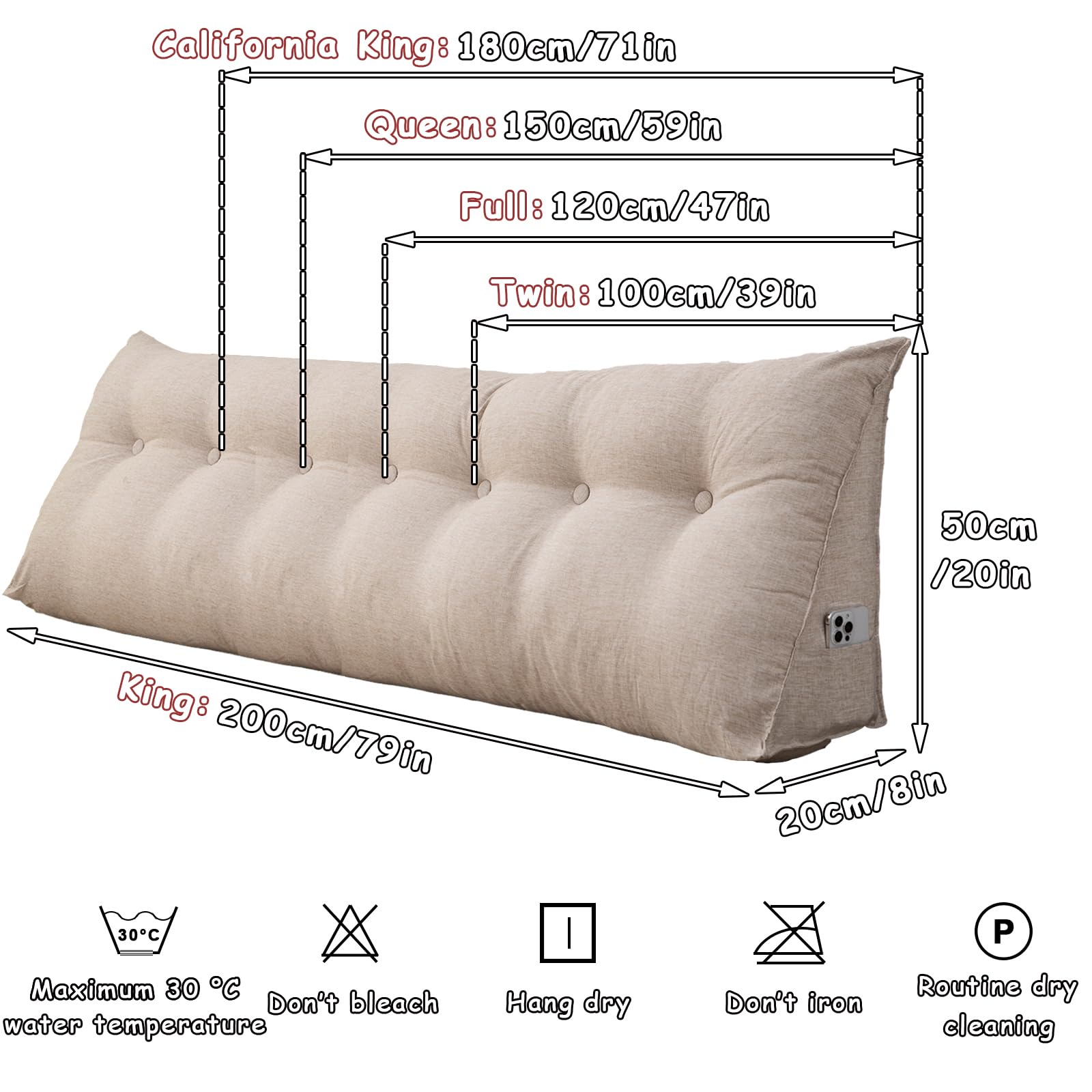 QINFFRRMI Cotton Linen Triangular Wedge Pillow, Removable Headboard ...