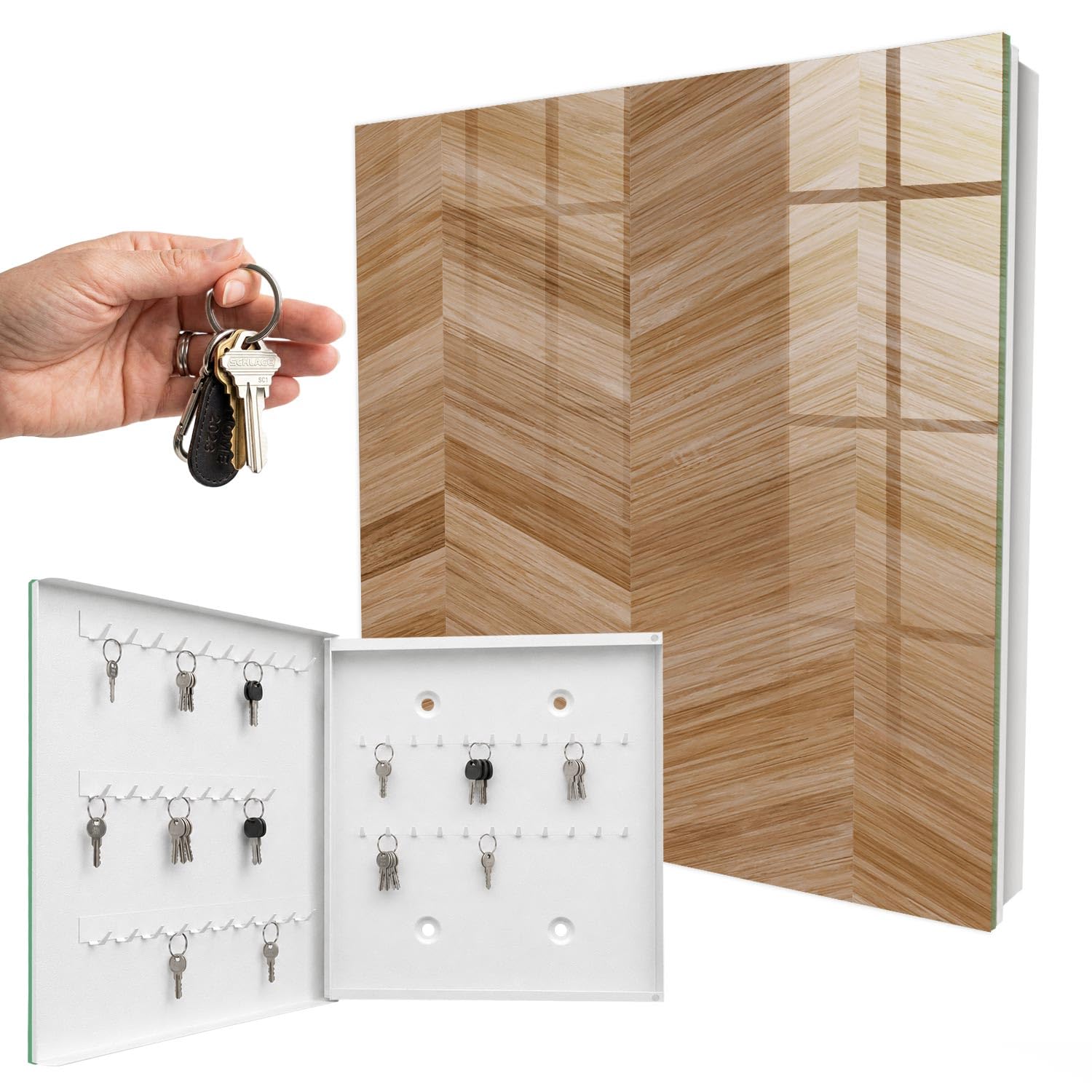 Cassetta portachiavi 30x30 cm Legno a spina di pesce Porta Sinistra Bianco | Appendiabiti | Bacheca | Vetrinetta | Nicchia | Casellario | Armadio | Gancio | Quadro | Mobiletto | Contenitore | Supporto