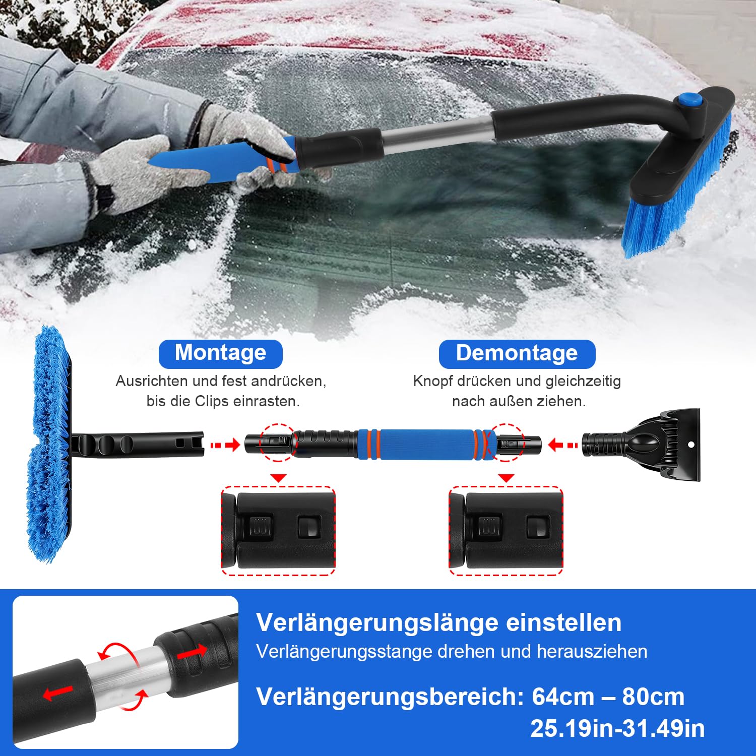 Skrobaczka do lodu z miotełką do śniegu, rozsuwany skrobak do śniegu, auto 73 cm, niebieski, zdejmowana skrobaczka do lodu z ergonomicznym uchwytem z pianki, szczotka do czyszczenia samochodów