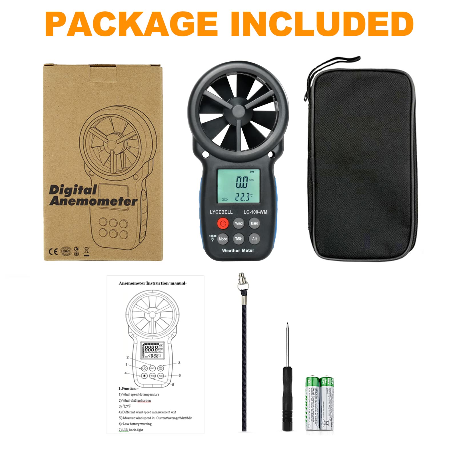 Digital Windmesser, LC-100-WM Handheld Anemometer zur Messung von Windgeschwindigkeit Temperatur Feuchtigkeit Altitude Luftdruck, Windmessgerät für HAVC Windsurfen Segeln Drohne