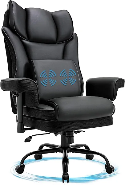 BOSMILLER Big and Tall Office Chair, 500lbs Rocking Massage High Back Desk Chair, Ergonomic Executive Office Chair with Adjustable Padded Armrest and Lumbar Support, Adjustable Height(Dark Black)