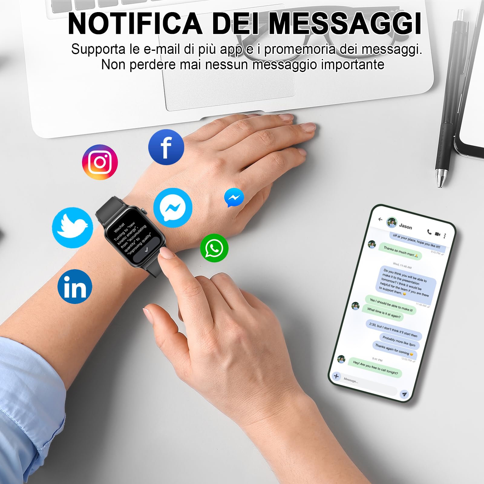 Smartwatch Uomo Donna, 1.85" HD Orologio Bluetooth Effettua/Risposta Chiamate, 110+ Sportive Smart Watch Cardiofrequenzimetro/Contapassi/SpO2/Sonno, Impermeabile IP68 Fitness Tracker per Android iOS